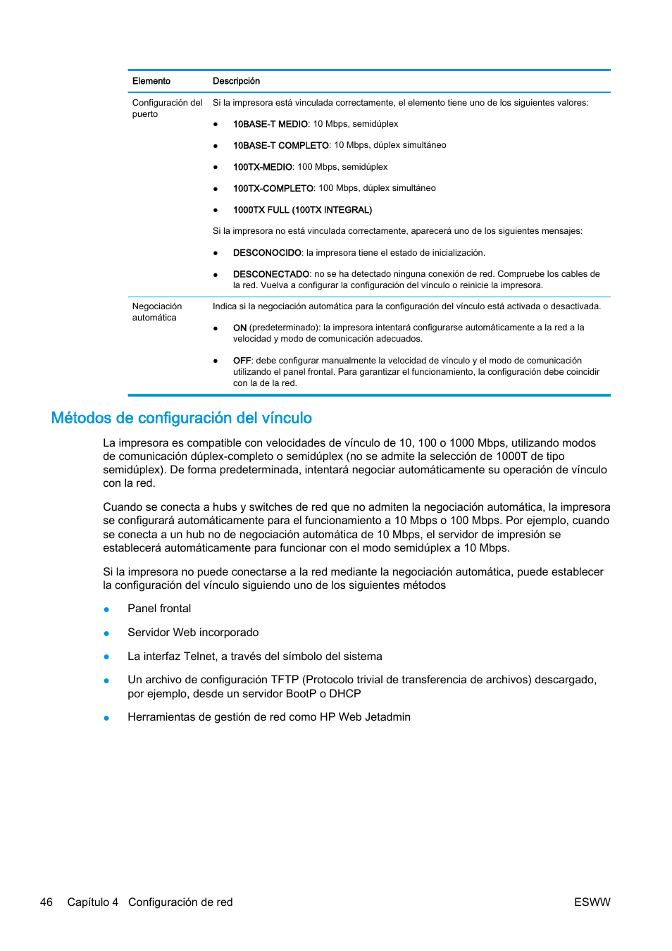 Métodos de configuración del vínculo | HP eMFP HP Designjet serie T2500 User Manual | Page 56 / 322