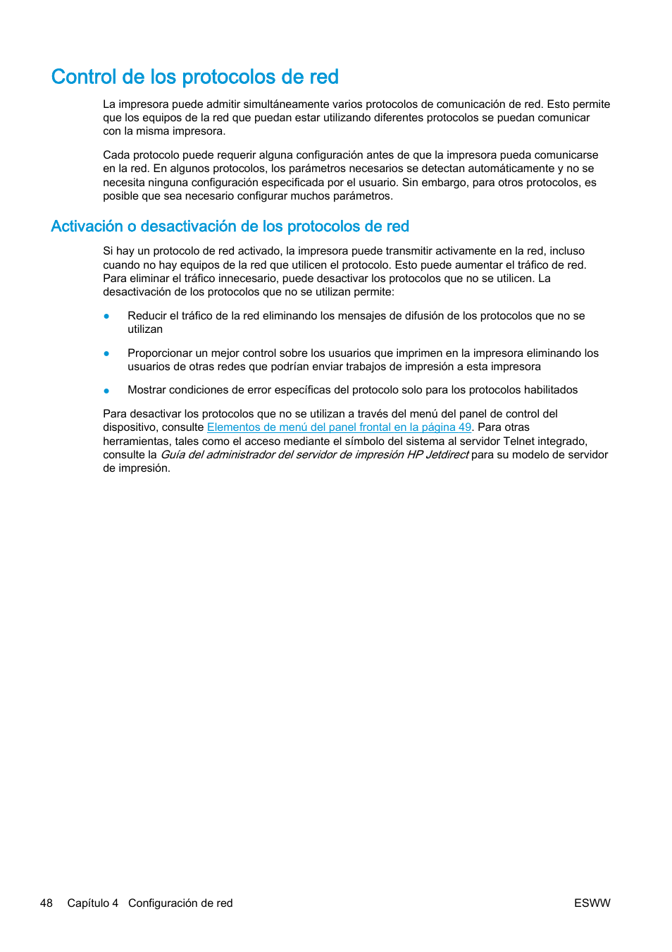 Control de los protocolos de red | HP eMFP HP Designjet serie T2500 User Manual | Page 58 / 322