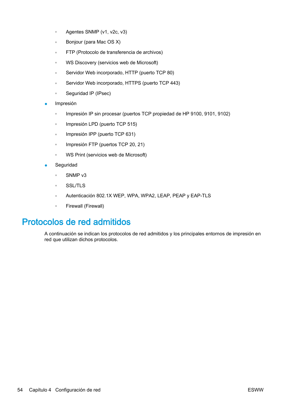 Protocolos de red admitidos | HP eMFP HP Designjet serie T2500 User Manual | Page 64 / 322
