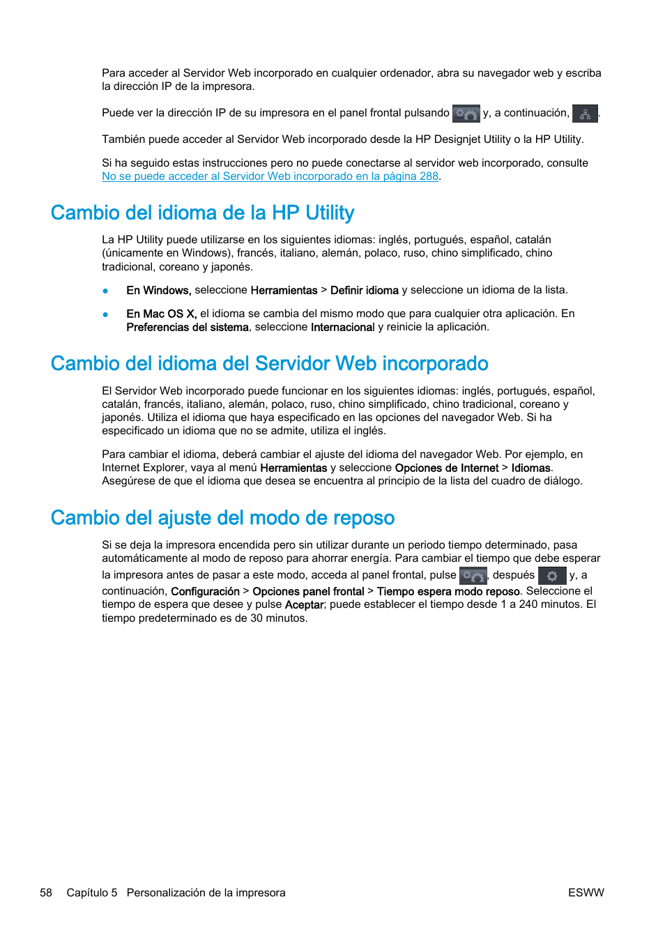 Cambio del idioma de la hp utility, Cambio del idioma del servidor web incorporado, Cambio del ajuste del modo de reposo | HP eMFP HP Designjet serie T2500 User Manual | Page 68 / 322