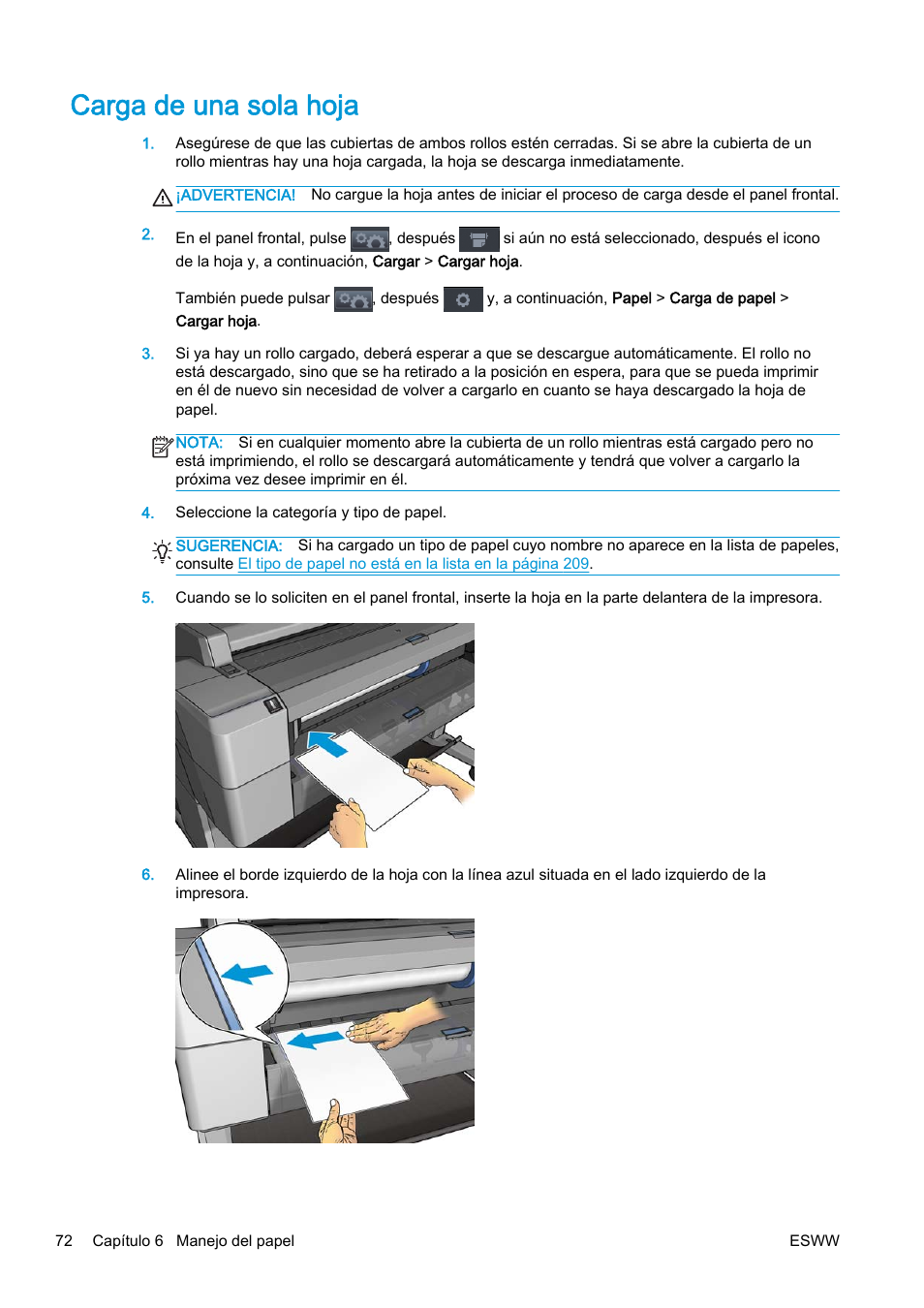 Carga de una sola hoja | HP eMFP HP Designjet serie T2500 User Manual | Page 82 / 322