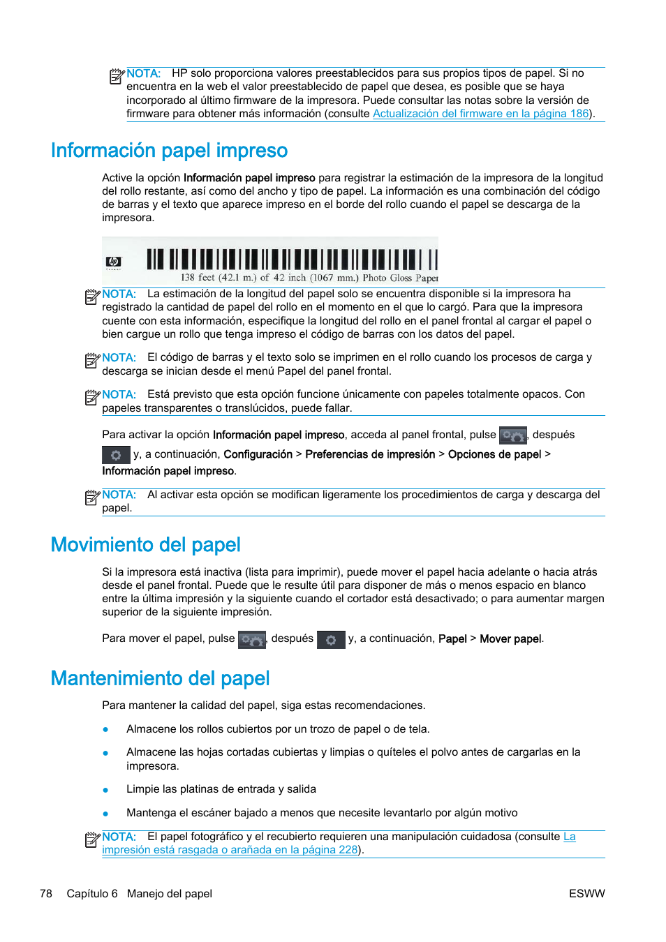 Información papel impreso, Movimiento del papel, Mantenimiento del papel | HP eMFP HP Designjet serie T2500 User Manual | Page 88 / 322