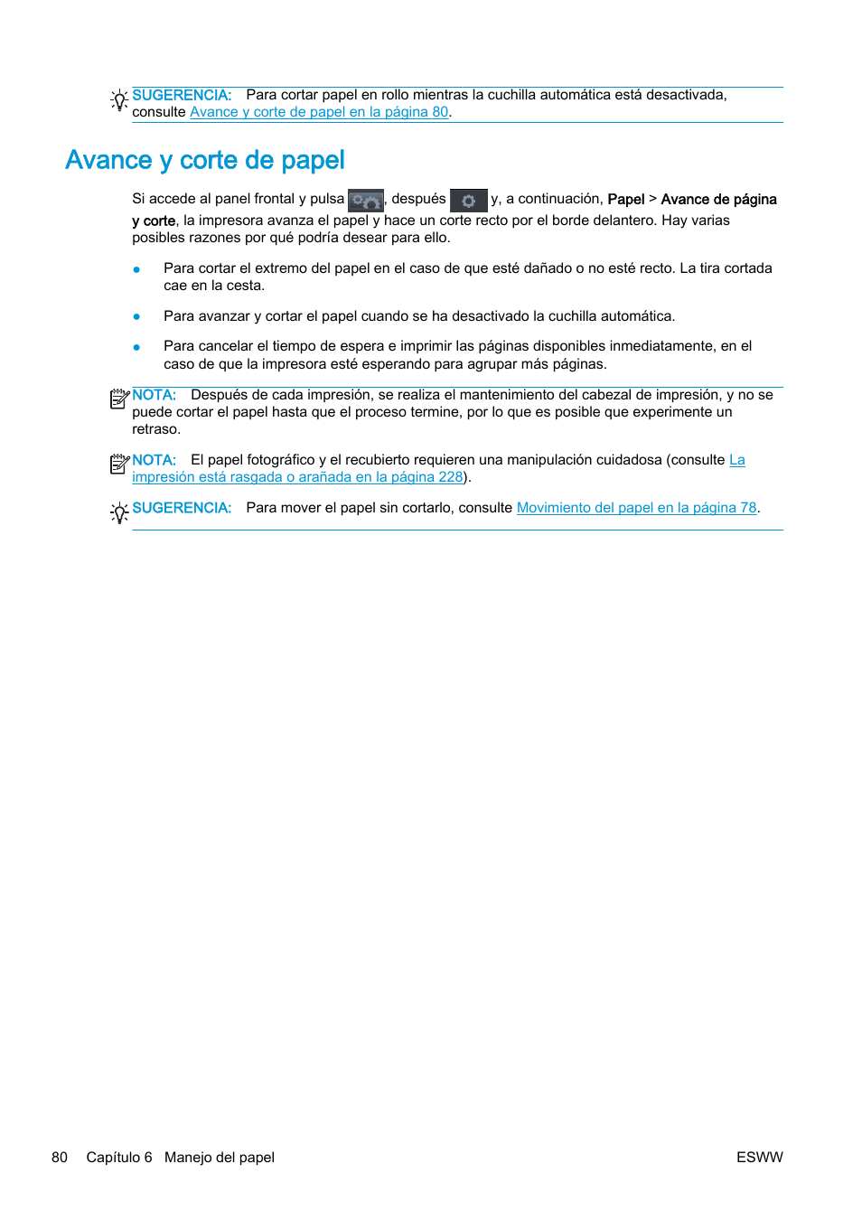 Avance y corte de papel | HP eMFP HP Designjet serie T2500 User Manual | Page 90 / 322