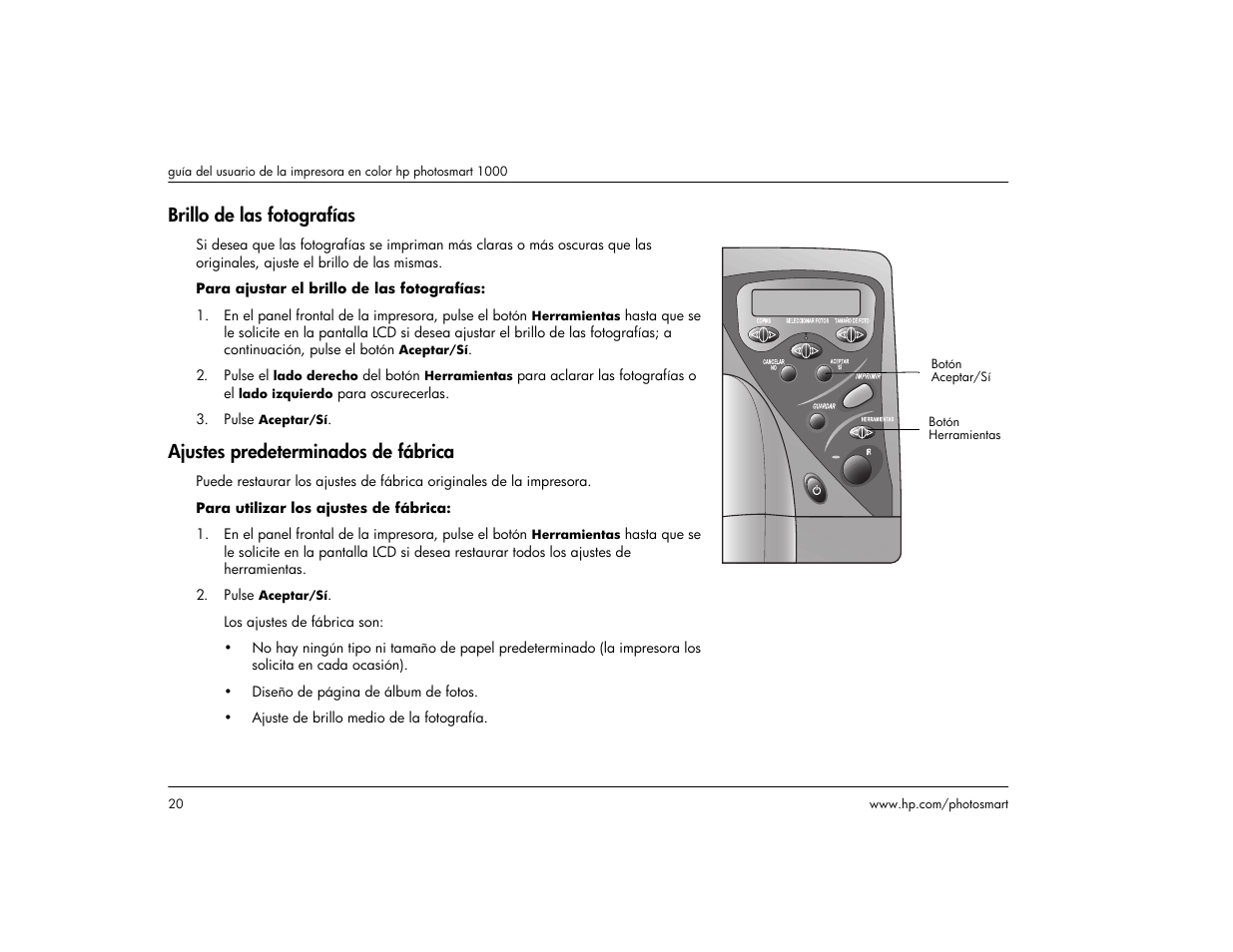 Brillo de las fotografías, Ajustes predeterminados de fábrica, Impresión a doble cara desde un pc de windows | HP Impresora HP Photosmart p1000 1000 User Manual | Page 26 / 126
