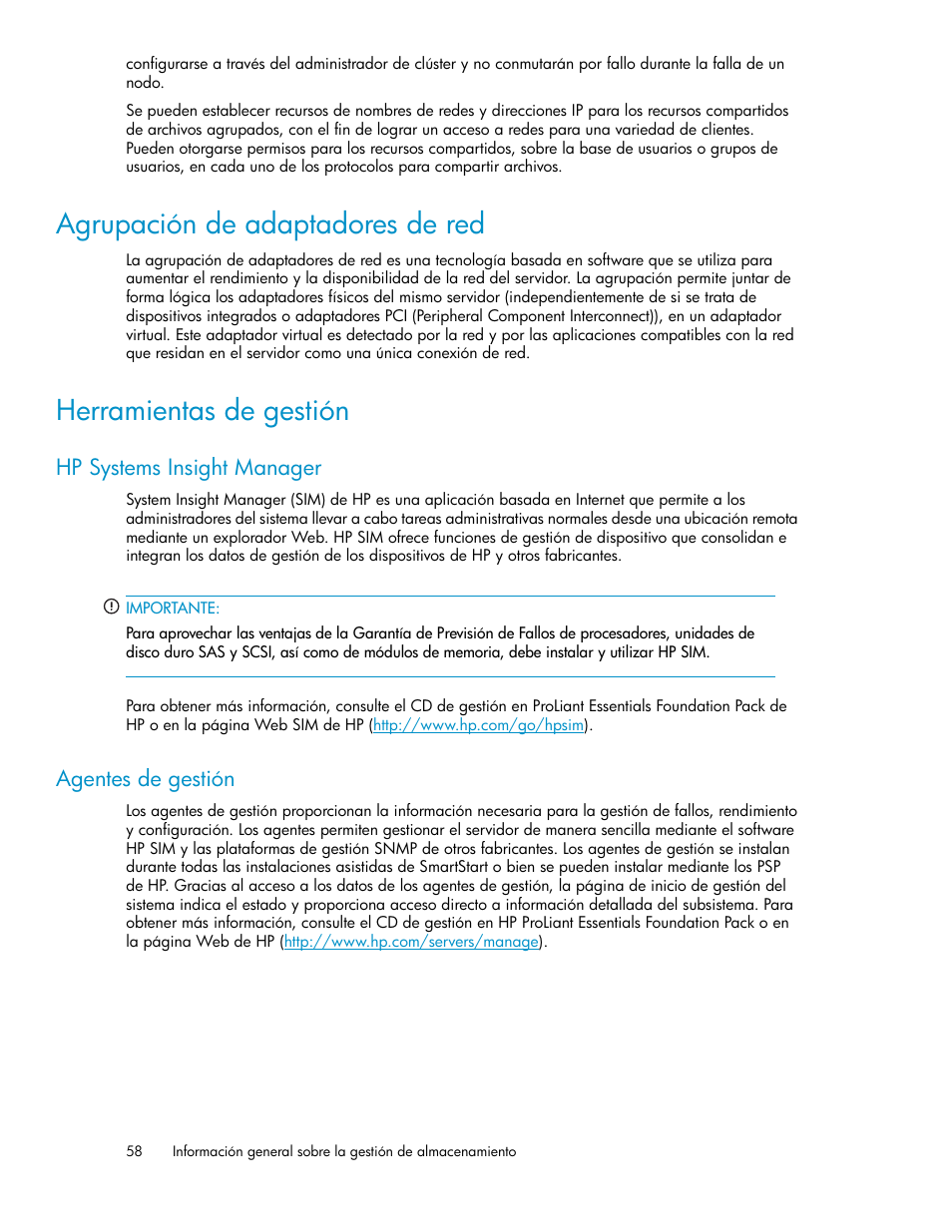 Agrupación de adaptadores de red, Herramientas de gestión, Hp systems insight manager | Agentes de gestión, 58 herramientas de gestión, 58 agentes de gestión | HP Sistemas de almacenamiento de red HP X1000 User Manual | Page 58 / 152