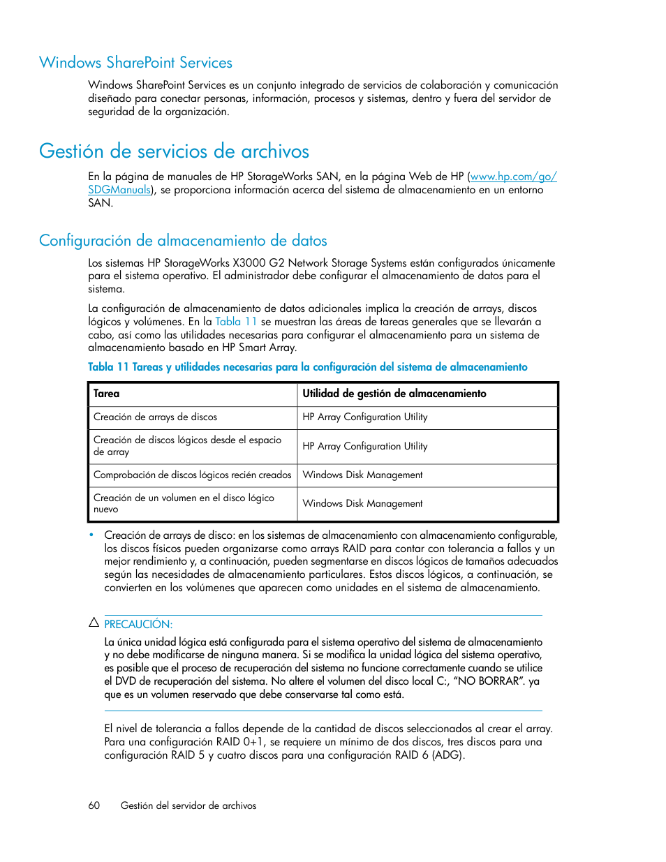 Windows sharepoint services, Gestión de servicios de archivos, Configuración de almacenamiento de datos | E la | HP Sistemas de almacenamiento de red HP X1000 User Manual | Page 60 / 152