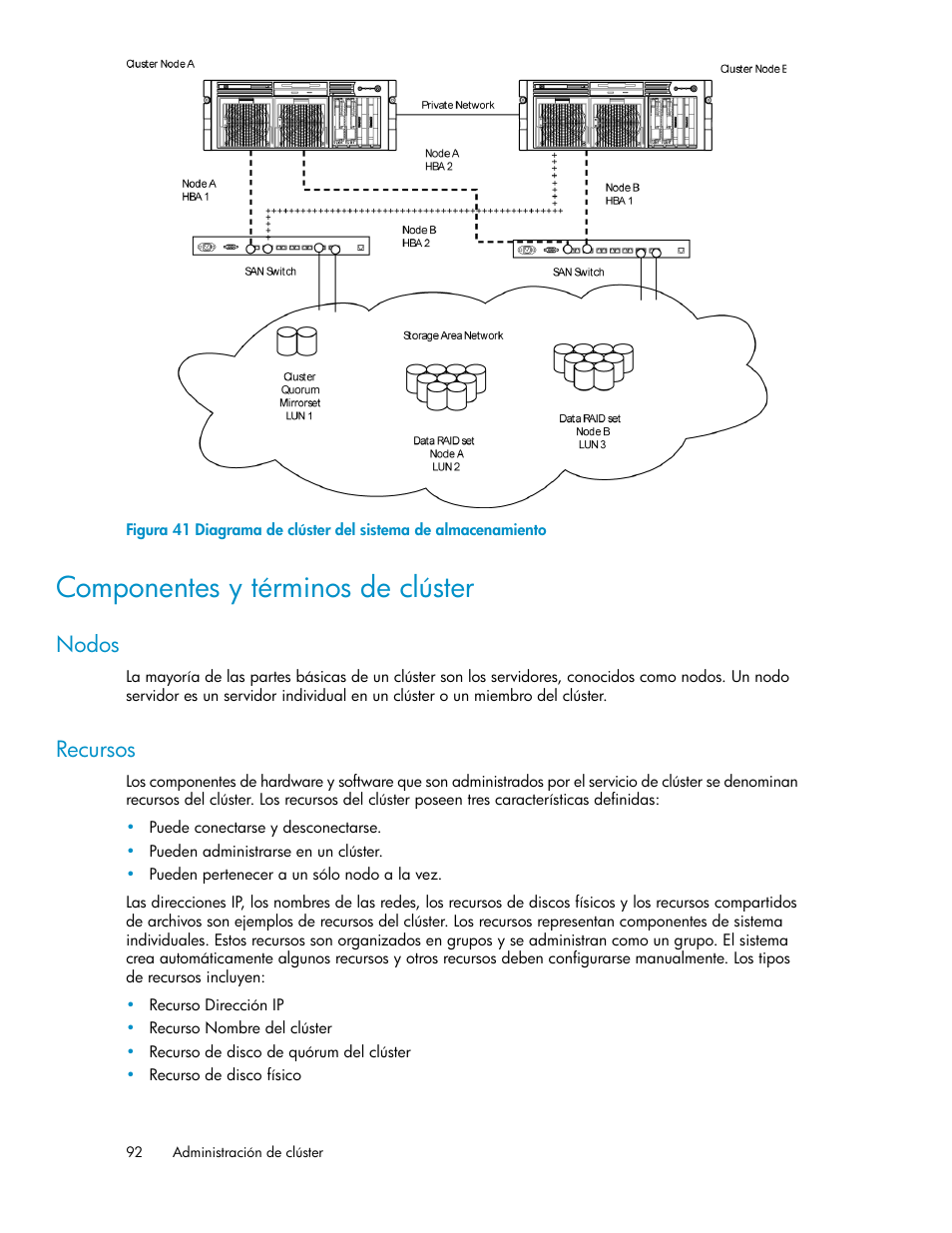Componentes y términos de clúster, Nodos, Recursos | 92 recursos, Diagrama de clúster del sistema de almacenamiento | HP Sistemas de almacenamiento de red HP X1000 User Manual | Page 92 / 152