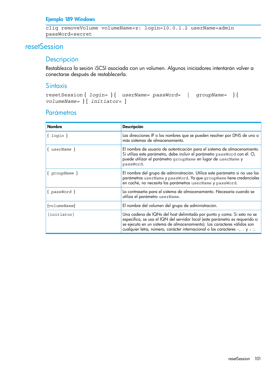Resetsession, Descripción, Sintaxis | Parámetros | HP Software de dispositivo HP LeftHand P4000 Virtual SAN User Manual | Page 101 / 127