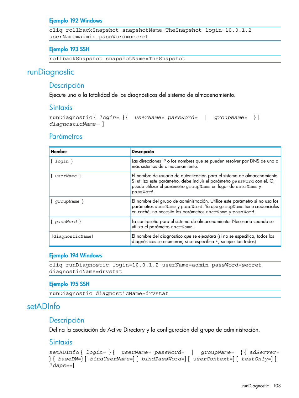 Rundiagnostic, Setadinfo, Rundiagnostic setadinfo | Descripción, Sintaxis, Parámetros | HP Software de dispositivo HP LeftHand P4000 Virtual SAN User Manual | Page 103 / 127