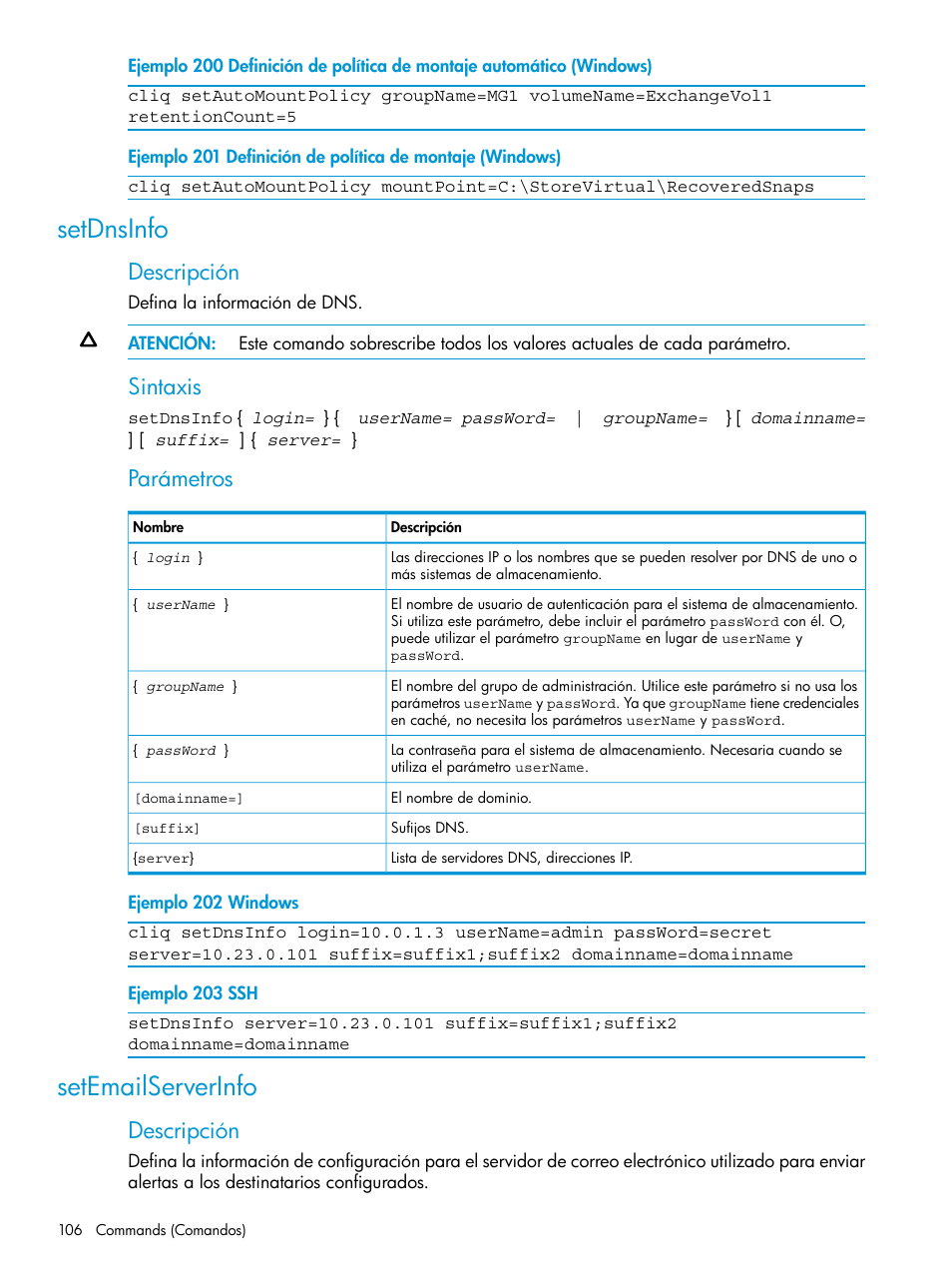 Setdnsinfo, Setemailserverinfo, Setdnsinfo setemailserverinfo | Descripción, Sintaxis, Parámetros | HP Software de dispositivo HP LeftHand P4000 Virtual SAN User Manual | Page 106 / 127