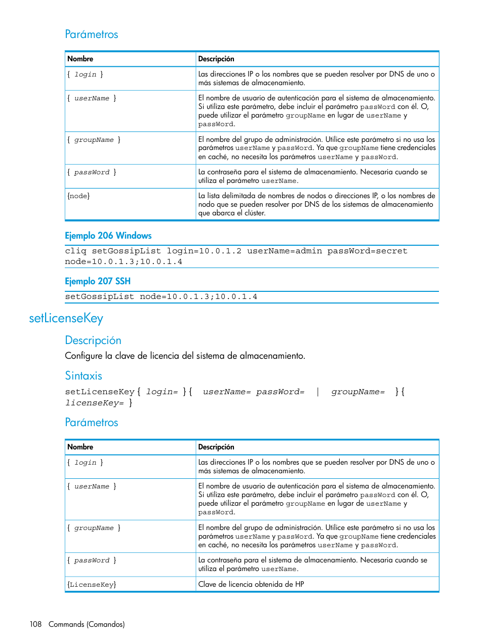Setlicensekey, Parámetros, Descripción | Sintaxis | HP Software de dispositivo HP LeftHand P4000 Virtual SAN User Manual | Page 108 / 127