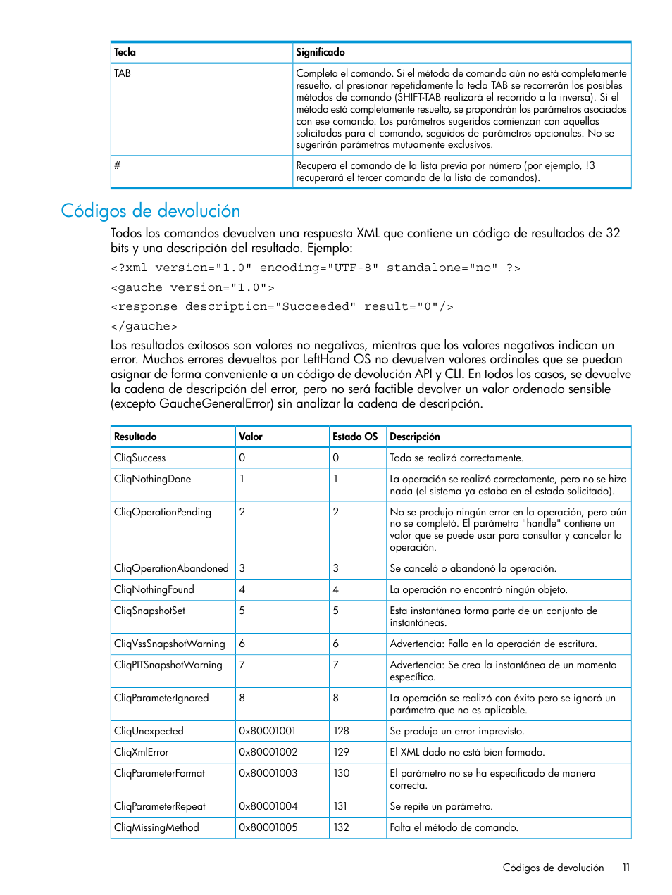 Códigos de devolución | HP Software de dispositivo HP LeftHand P4000 Virtual SAN User Manual | Page 11 / 127