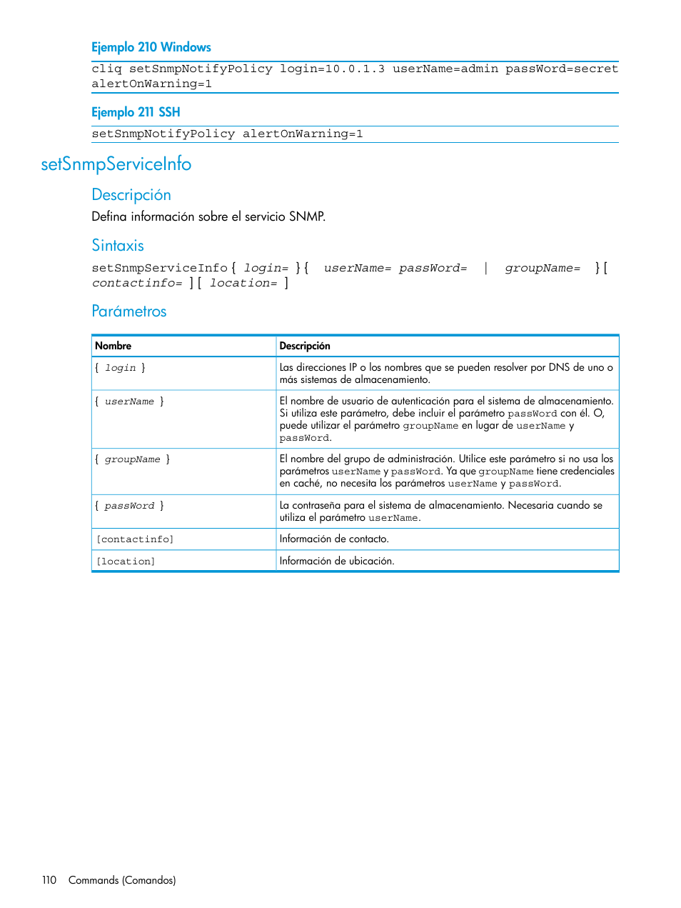 Setsnmpserviceinfo, Descripción, Sintaxis | Parámetros | HP Software de dispositivo HP LeftHand P4000 Virtual SAN User Manual | Page 110 / 127