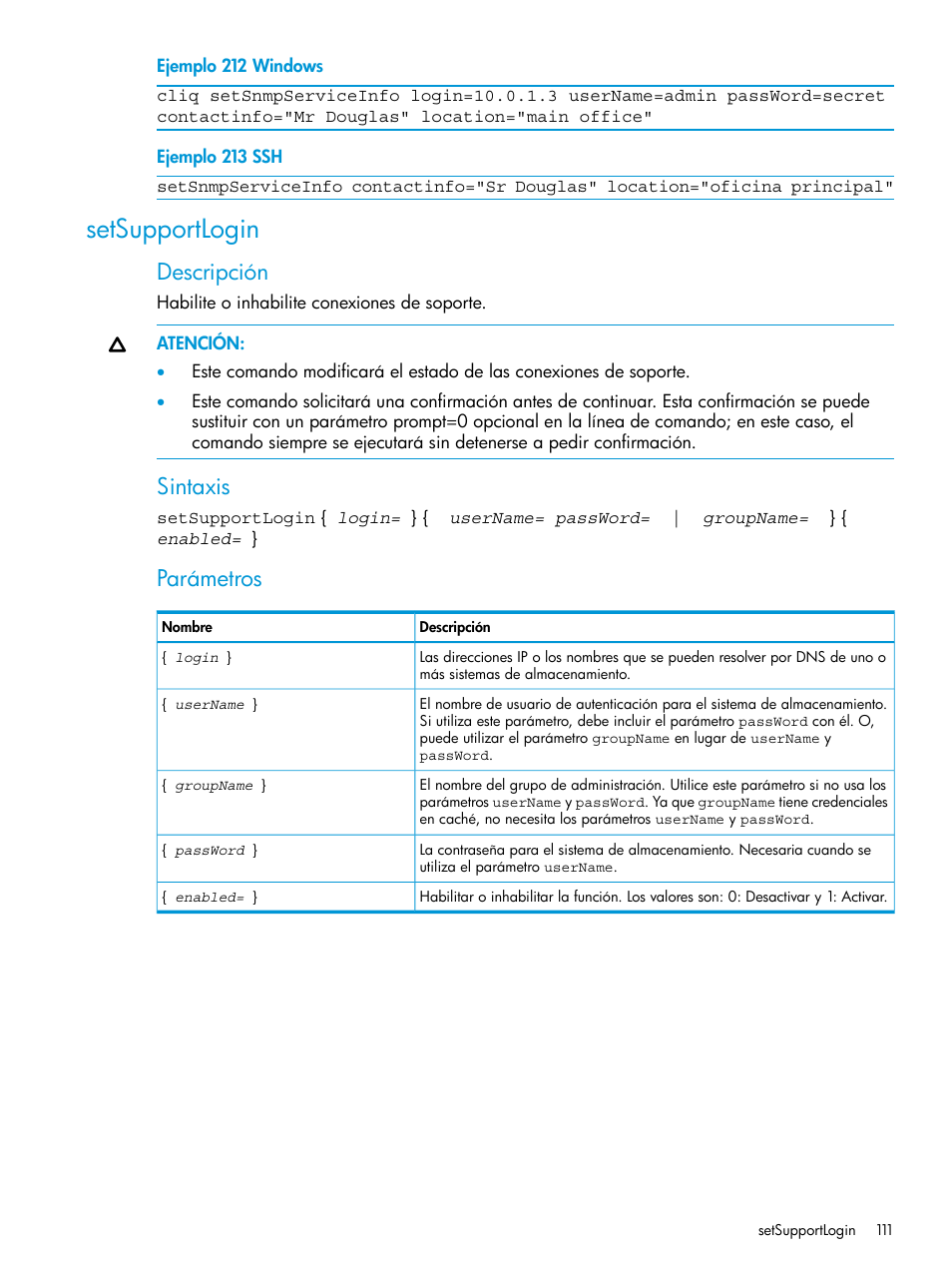 Setsupportlogin, Descripción, Sintaxis | Parámetros | HP Software de dispositivo HP LeftHand P4000 Virtual SAN User Manual | Page 111 / 127
