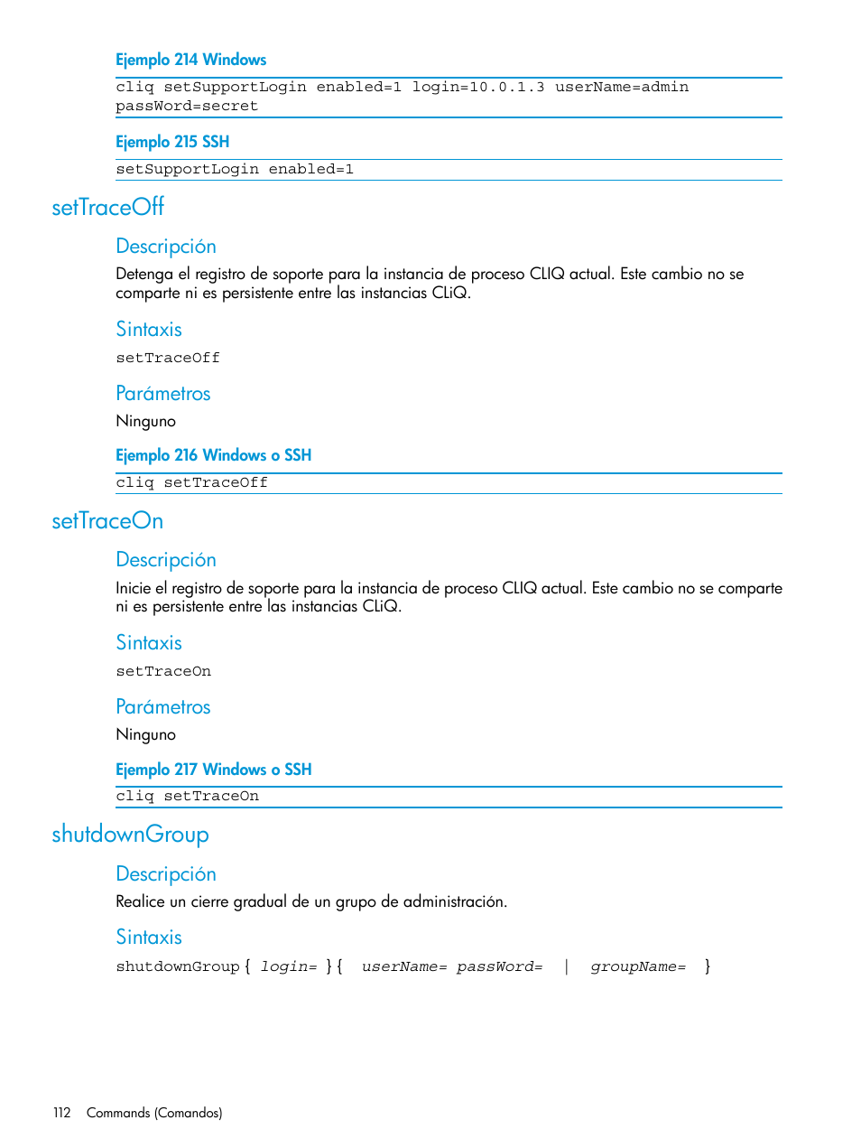 Settraceoff, Settraceon, Shutdowngroup | Settraceoff settraceon shutdowngroup | HP Software de dispositivo HP LeftHand P4000 Virtual SAN User Manual | Page 112 / 127