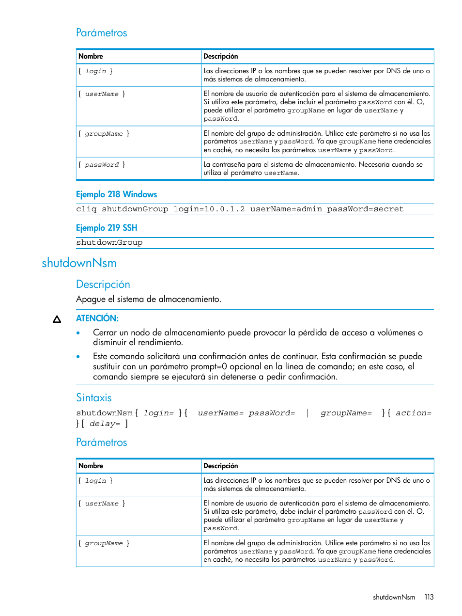 Shutdownnsm, Parámetros, Descripción | Sintaxis | HP Software de dispositivo HP LeftHand P4000 Virtual SAN User Manual | Page 113 / 127