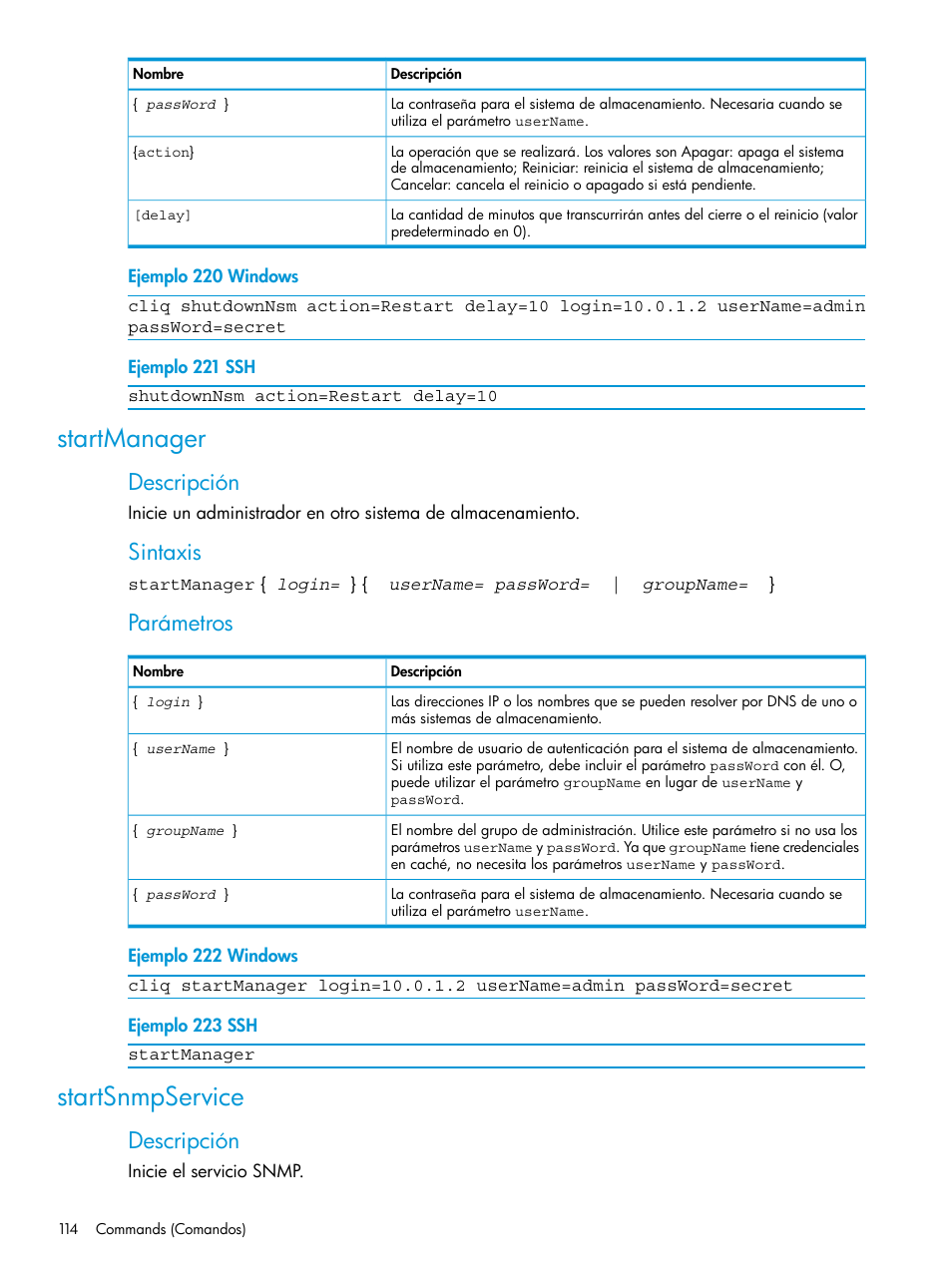 Startmanager, Startsnmpservice, Startmanager startsnmpservice | Descripción, Sintaxis, Parámetros | HP Software de dispositivo HP LeftHand P4000 Virtual SAN User Manual | Page 114 / 127