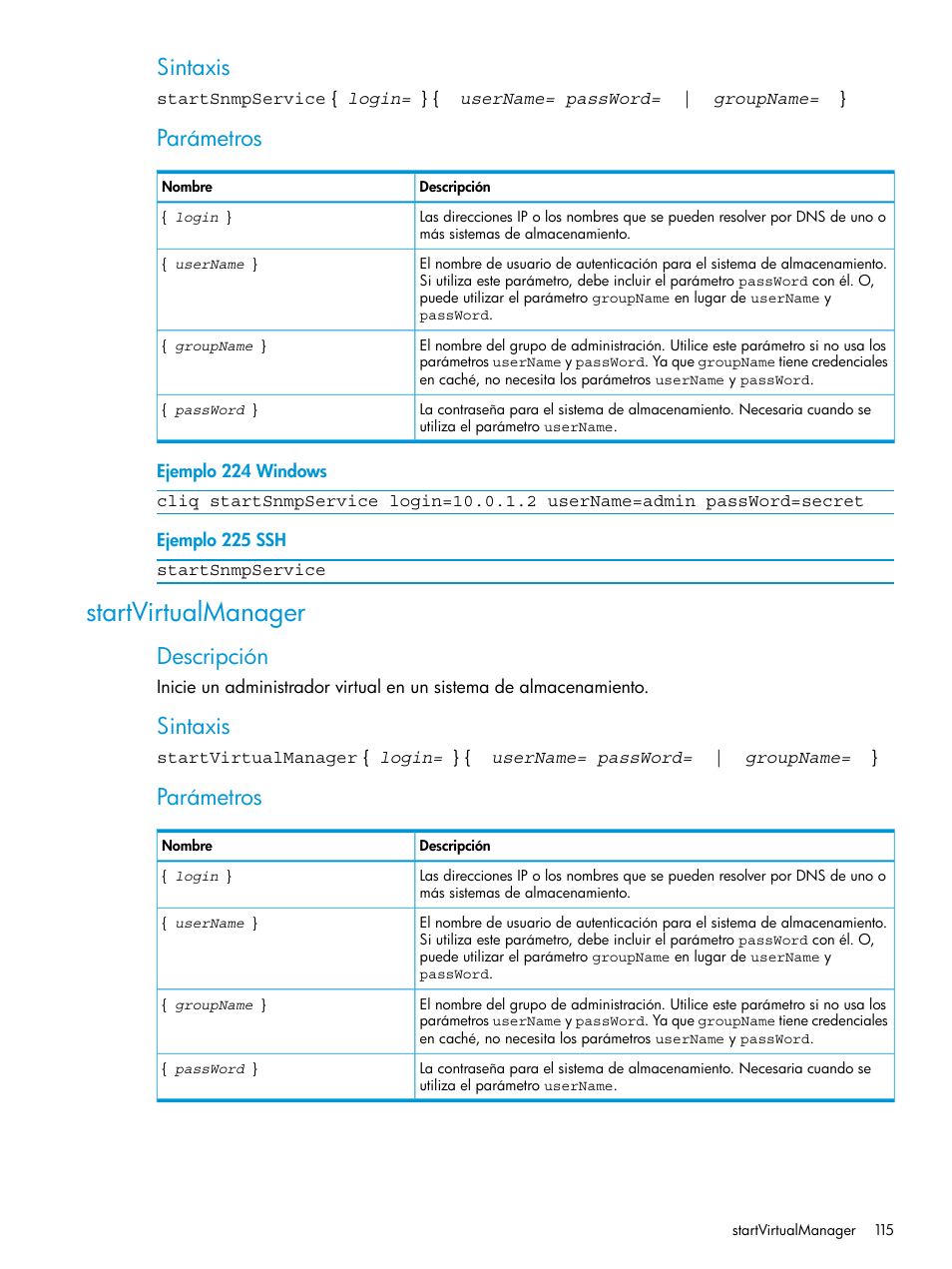 Startvirtualmanager, Sintaxis, Parámetros | Descripción | HP Software de dispositivo HP LeftHand P4000 Virtual SAN User Manual | Page 115 / 127