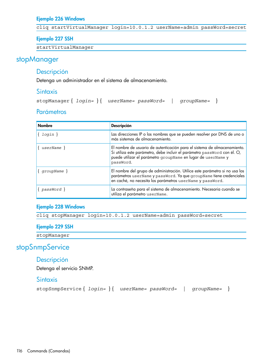 Stopmanager, Stopsnmpservice, Stopmanager stopsnmpservice | Descripción, Sintaxis, Parámetros | HP Software de dispositivo HP LeftHand P4000 Virtual SAN User Manual | Page 116 / 127