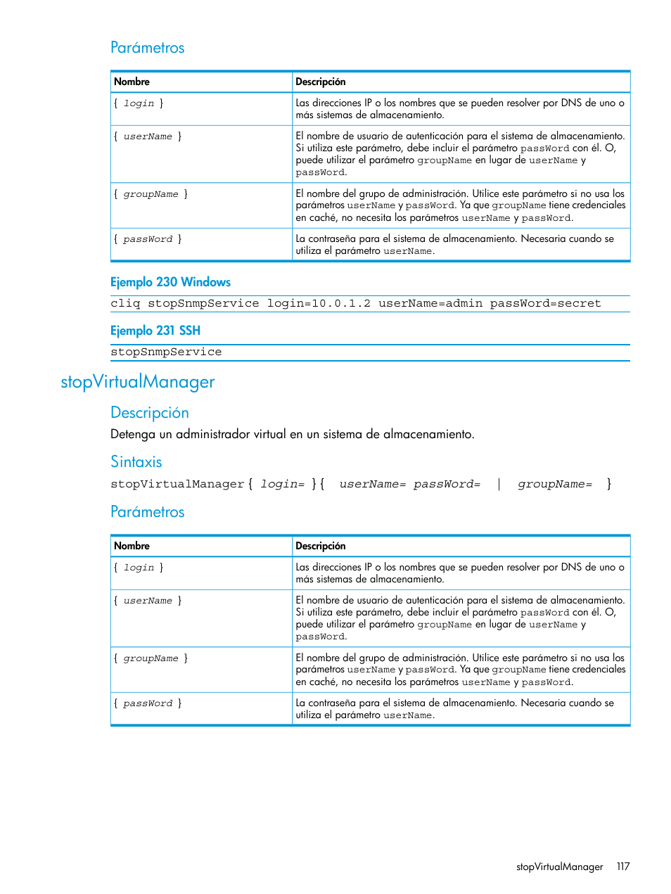 Stopvirtualmanager, Parámetros, Descripción | Sintaxis | HP Software de dispositivo HP LeftHand P4000 Virtual SAN User Manual | Page 117 / 127