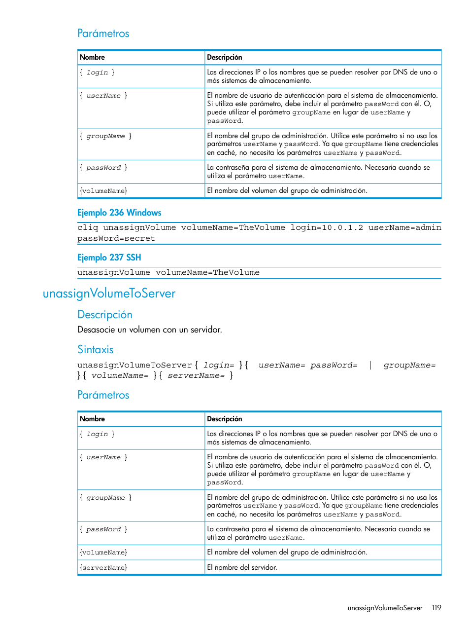 Unassignvolumetoserver, Parámetros, Descripción | Sintaxis | HP Software de dispositivo HP LeftHand P4000 Virtual SAN User Manual | Page 119 / 127