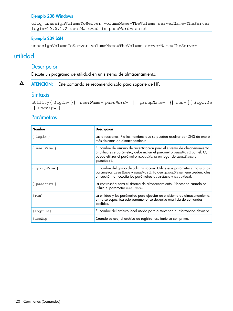 Utilidad, Descripción, Sintaxis | Parámetros | HP Software de dispositivo HP LeftHand P4000 Virtual SAN User Manual | Page 120 / 127