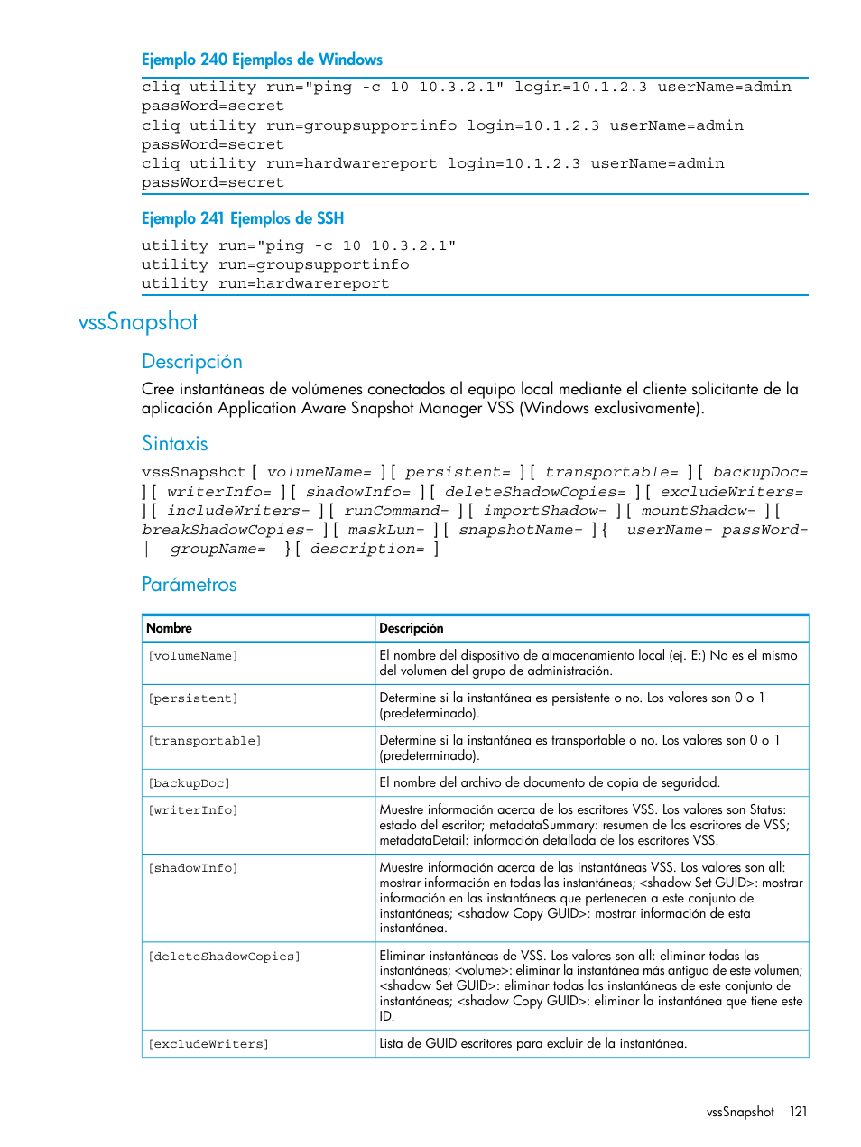 Vsssnapshot, Descripción, Sintaxis | Parámetros | HP Software de dispositivo HP LeftHand P4000 Virtual SAN User Manual | Page 121 / 127