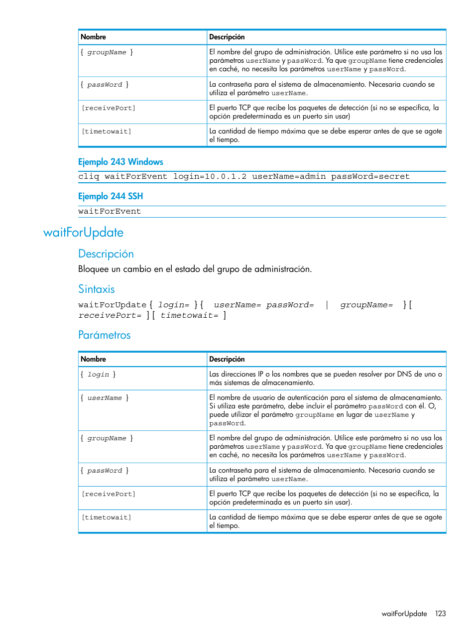 Waitforupdate, Descripción, Sintaxis | Parámetros | HP Software de dispositivo HP LeftHand P4000 Virtual SAN User Manual | Page 123 / 127