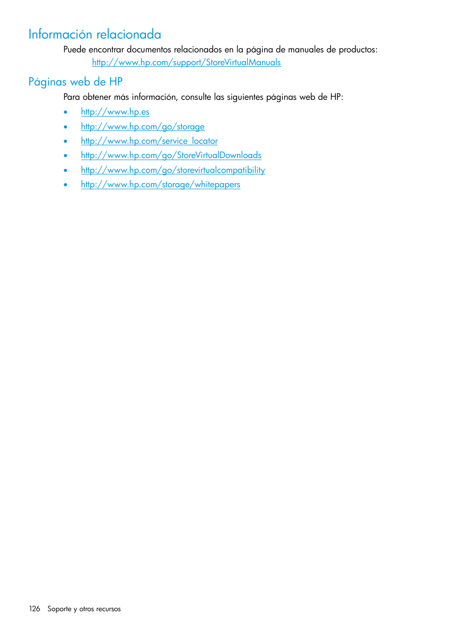Información relacionada, Páginas web de hp | HP Software de dispositivo HP LeftHand P4000 Virtual SAN User Manual | Page 126 / 127