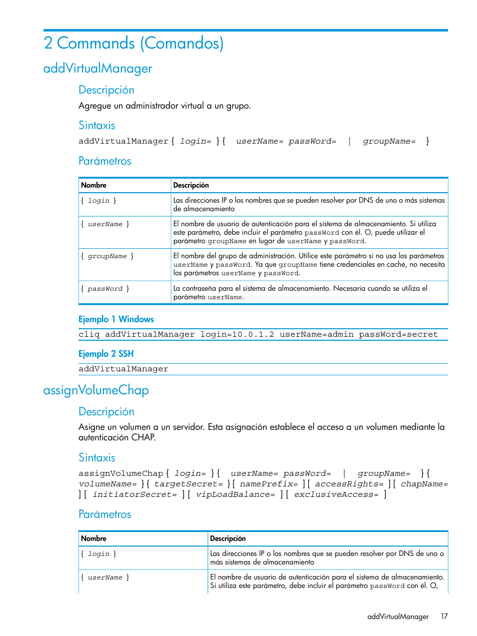 2 commands (comandos), Addvirtualmanager, Assignvolumechap | Addvirtualmanager assignvolumechap, Descripción, Sintaxis, Parámetros | HP Software de dispositivo HP LeftHand P4000 Virtual SAN User Manual | Page 17 / 127
