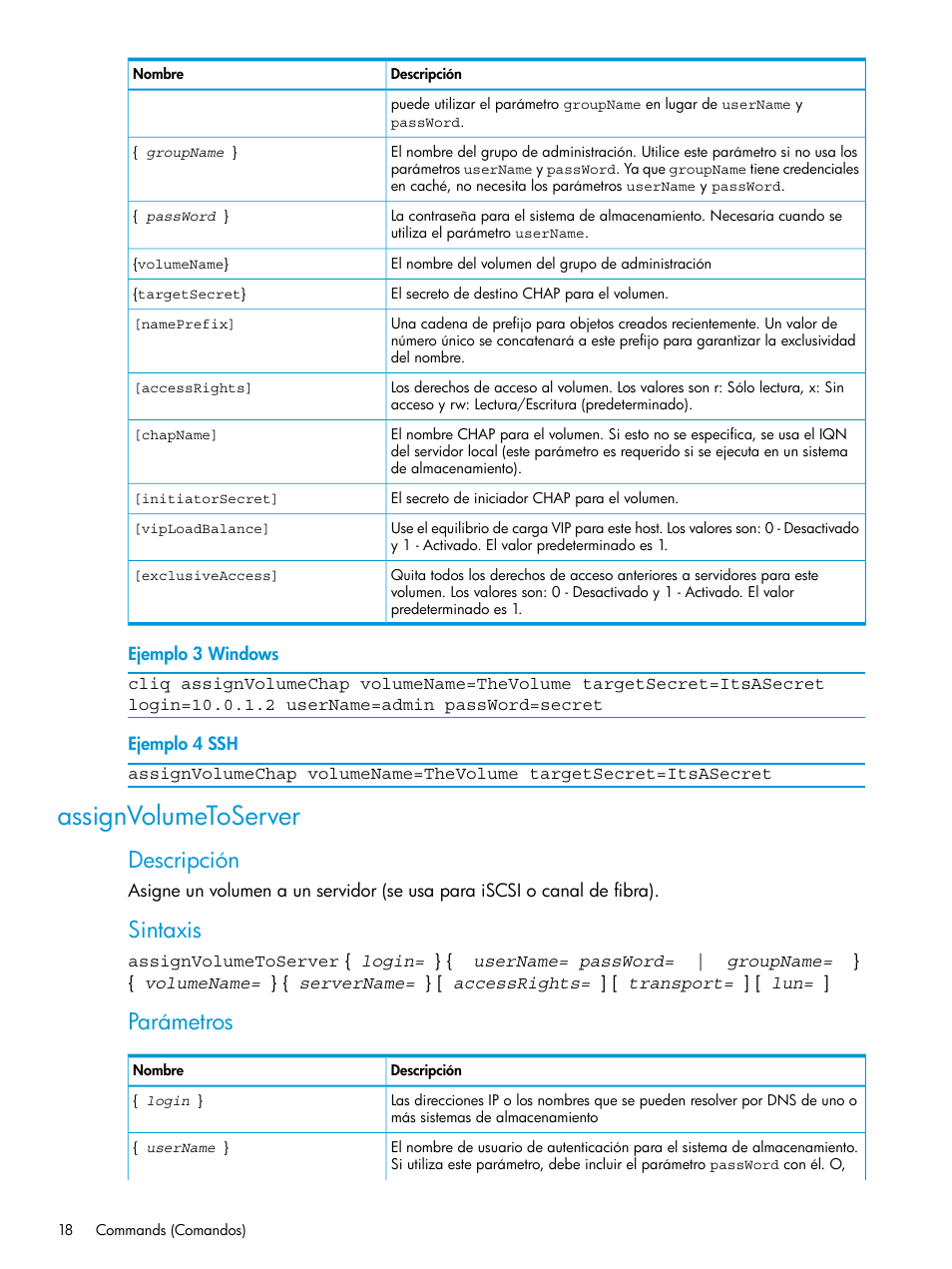 Assignvolumetoserver, Descripción, Sintaxis | Parámetros | HP Software de dispositivo HP LeftHand P4000 Virtual SAN User Manual | Page 18 / 127