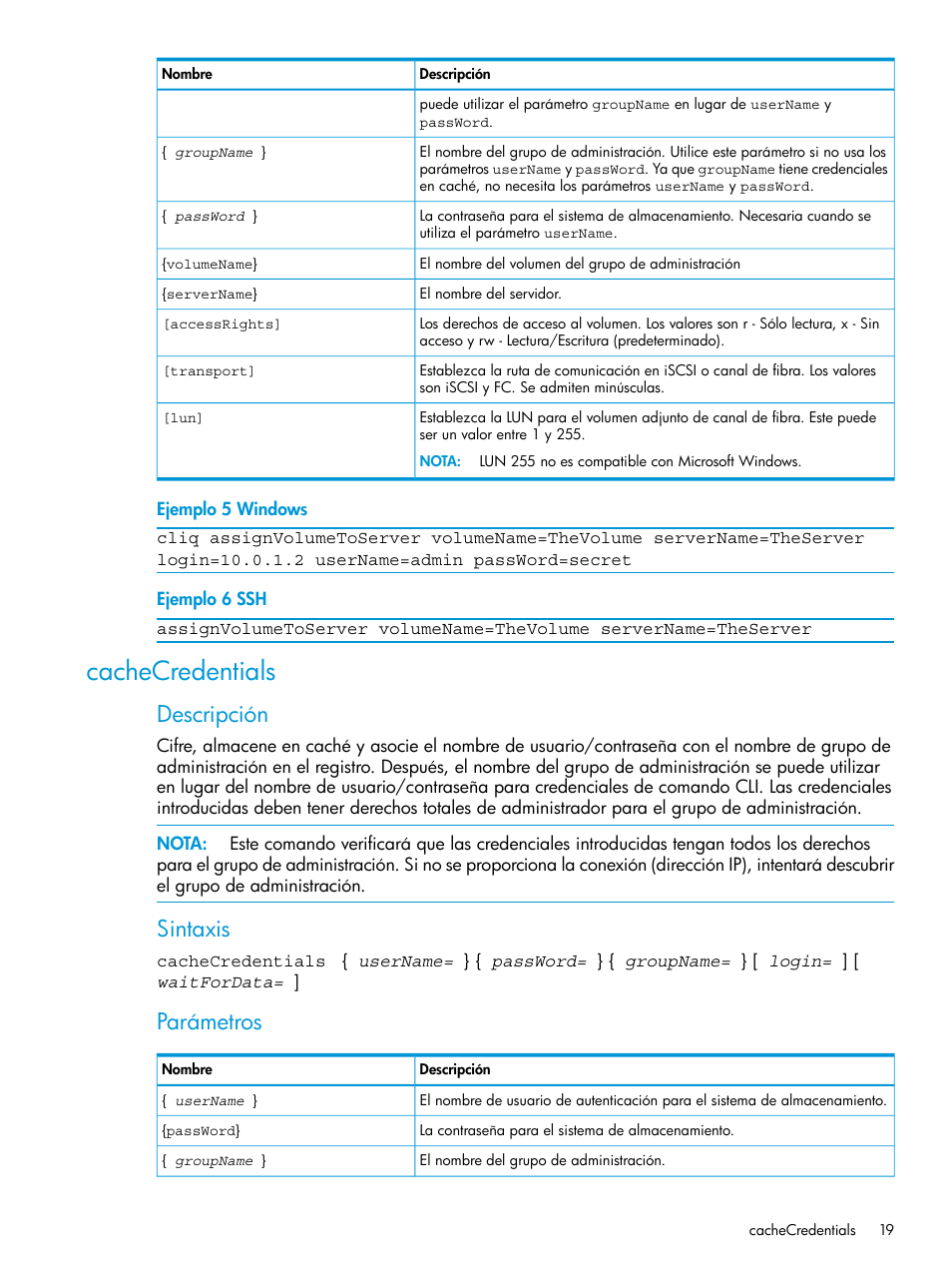 Cachecredentials, Descripción, Sintaxis | Parámetros | HP Software de dispositivo HP LeftHand P4000 Virtual SAN User Manual | Page 19 / 127