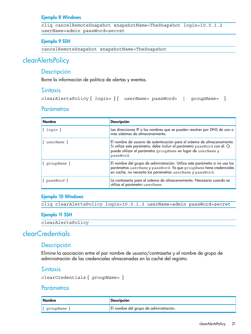 Clearalertspolicy, Clearcredentials, Clearalertspolicy clearcredentials | Descripción, Sintaxis, Parámetros | HP Software de dispositivo HP LeftHand P4000 Virtual SAN User Manual | Page 21 / 127