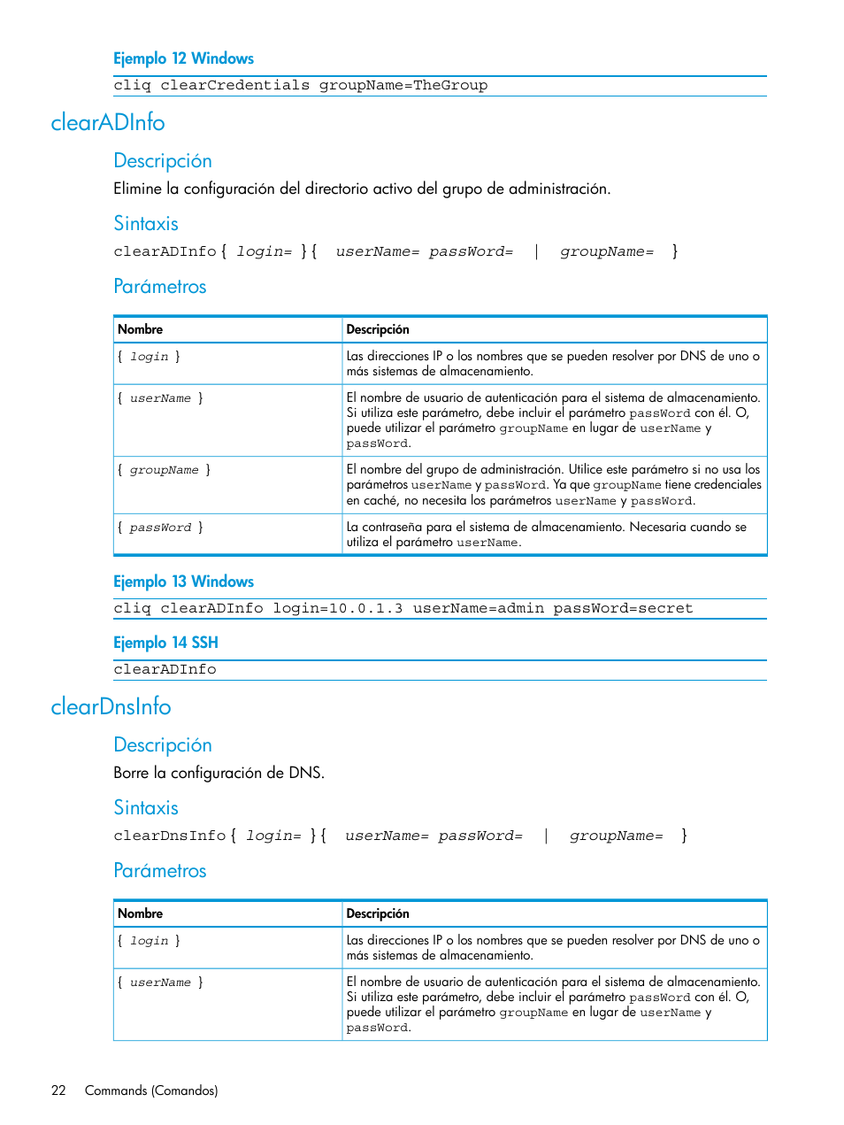 Clearadinfo, Cleardnsinfo, Clearadinfo cleardnsinfo | Descripción, Sintaxis, Parámetros | HP Software de dispositivo HP LeftHand P4000 Virtual SAN User Manual | Page 22 / 127