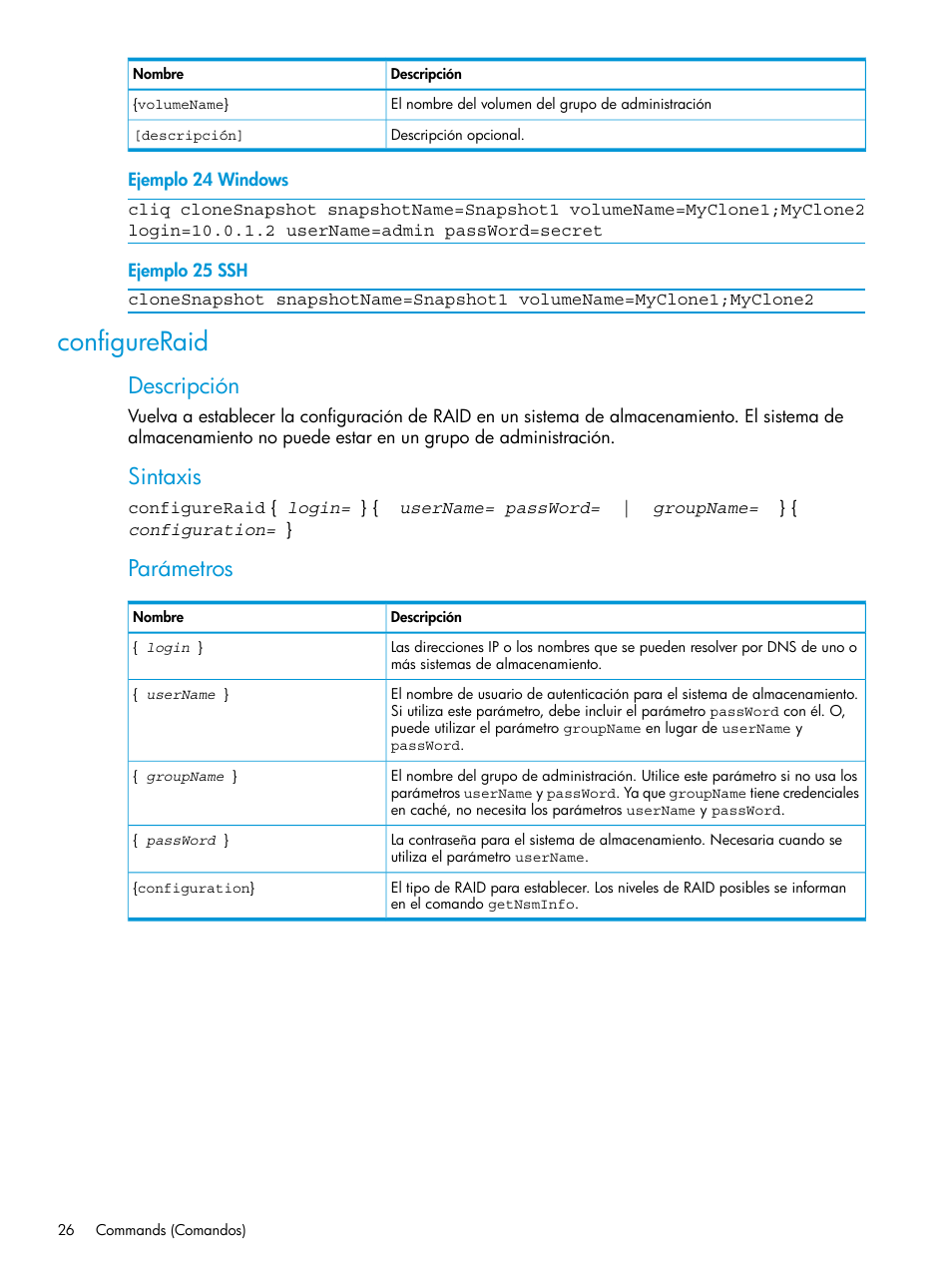 Configureraid, Descripción, Sintaxis | Parámetros | HP Software de dispositivo HP LeftHand P4000 Virtual SAN User Manual | Page 26 / 127