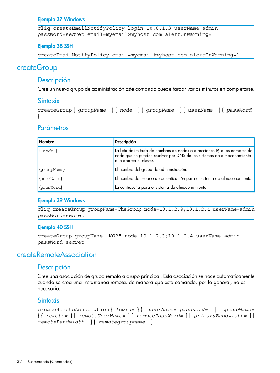 Creategroup, Createremoteassociation, Creategroup createremoteassociation | Descripción, Sintaxis, Parámetros | HP Software de dispositivo HP LeftHand P4000 Virtual SAN User Manual | Page 32 / 127