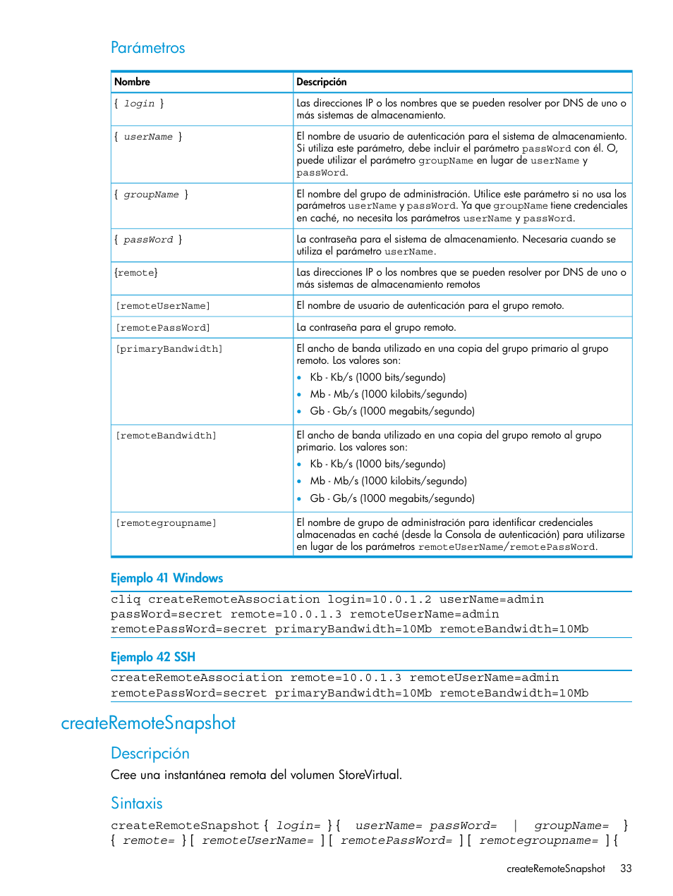 Createremotesnapshot, Parámetros, Descripción | Sintaxis | HP Software de dispositivo HP LeftHand P4000 Virtual SAN User Manual | Page 33 / 127