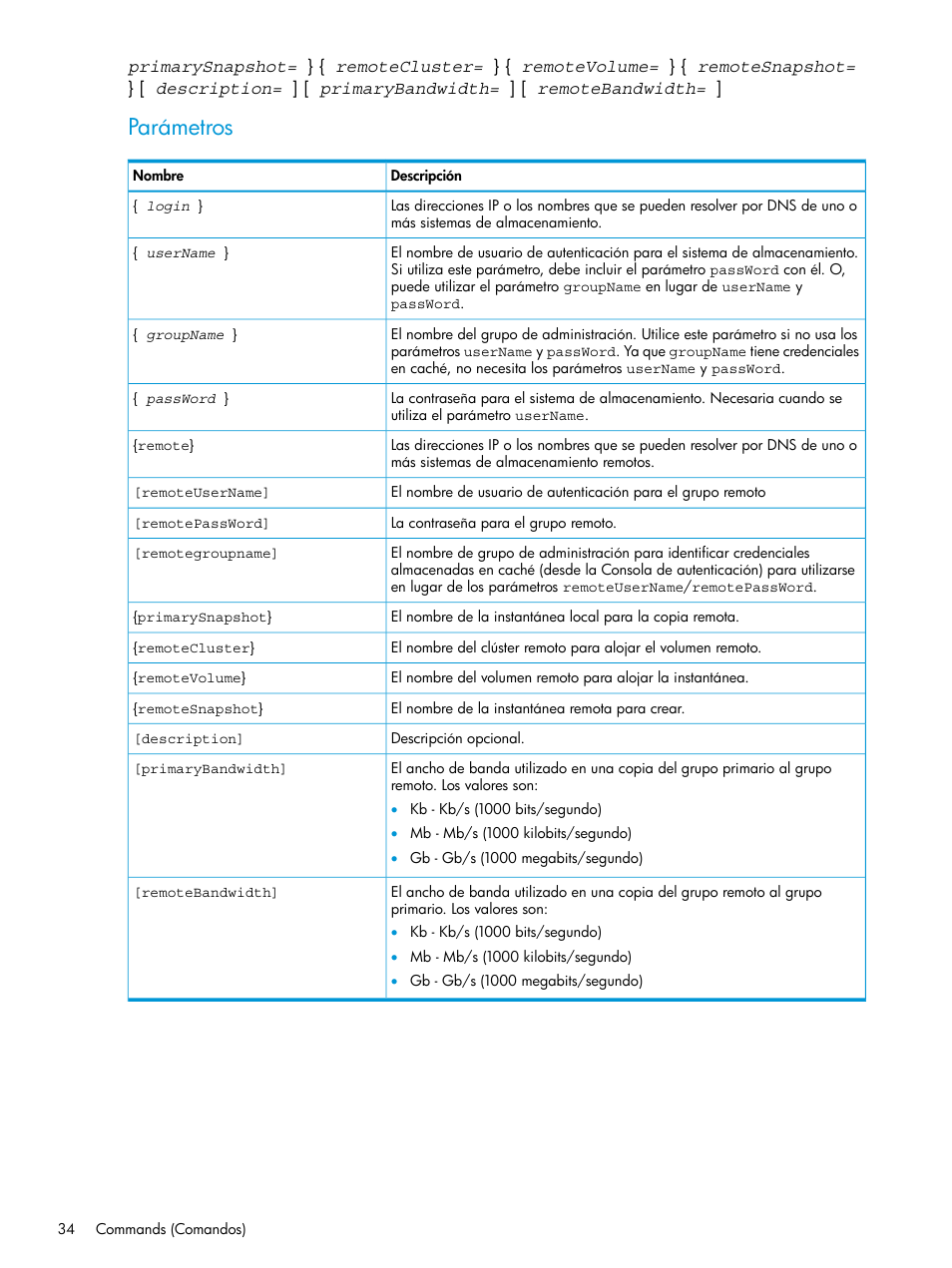 Parámetros | HP Software de dispositivo HP LeftHand P4000 Virtual SAN User Manual | Page 34 / 127
