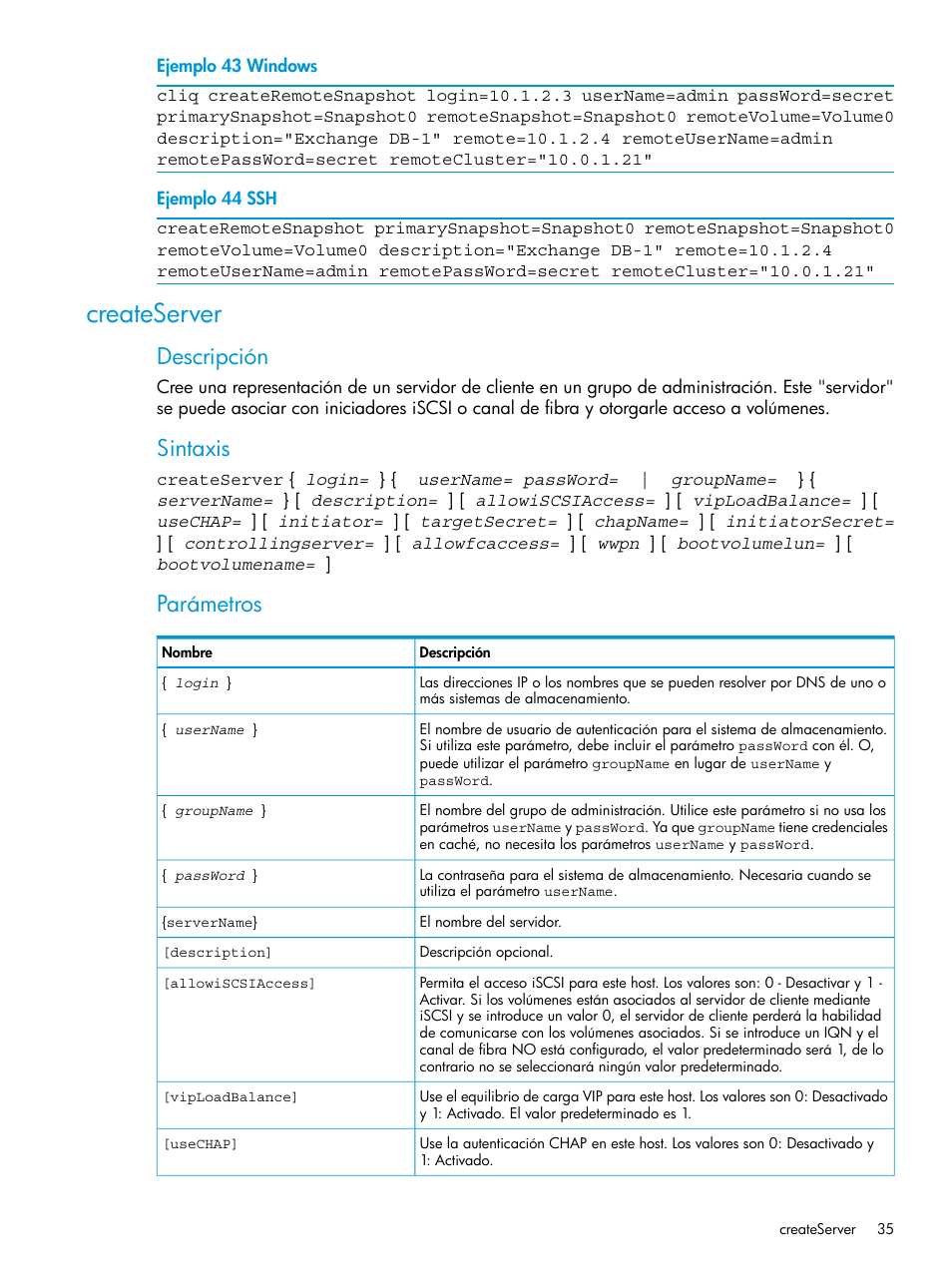 Createserver, Descripción, Sintaxis | Parámetros | HP Software de dispositivo HP LeftHand P4000 Virtual SAN User Manual | Page 35 / 127