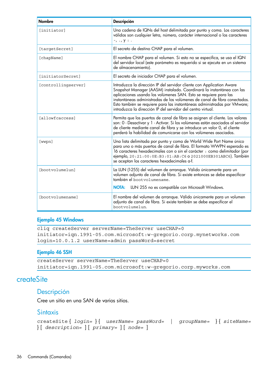Createsite, Descripción, Sintaxis | HP Software de dispositivo HP LeftHand P4000 Virtual SAN User Manual | Page 36 / 127