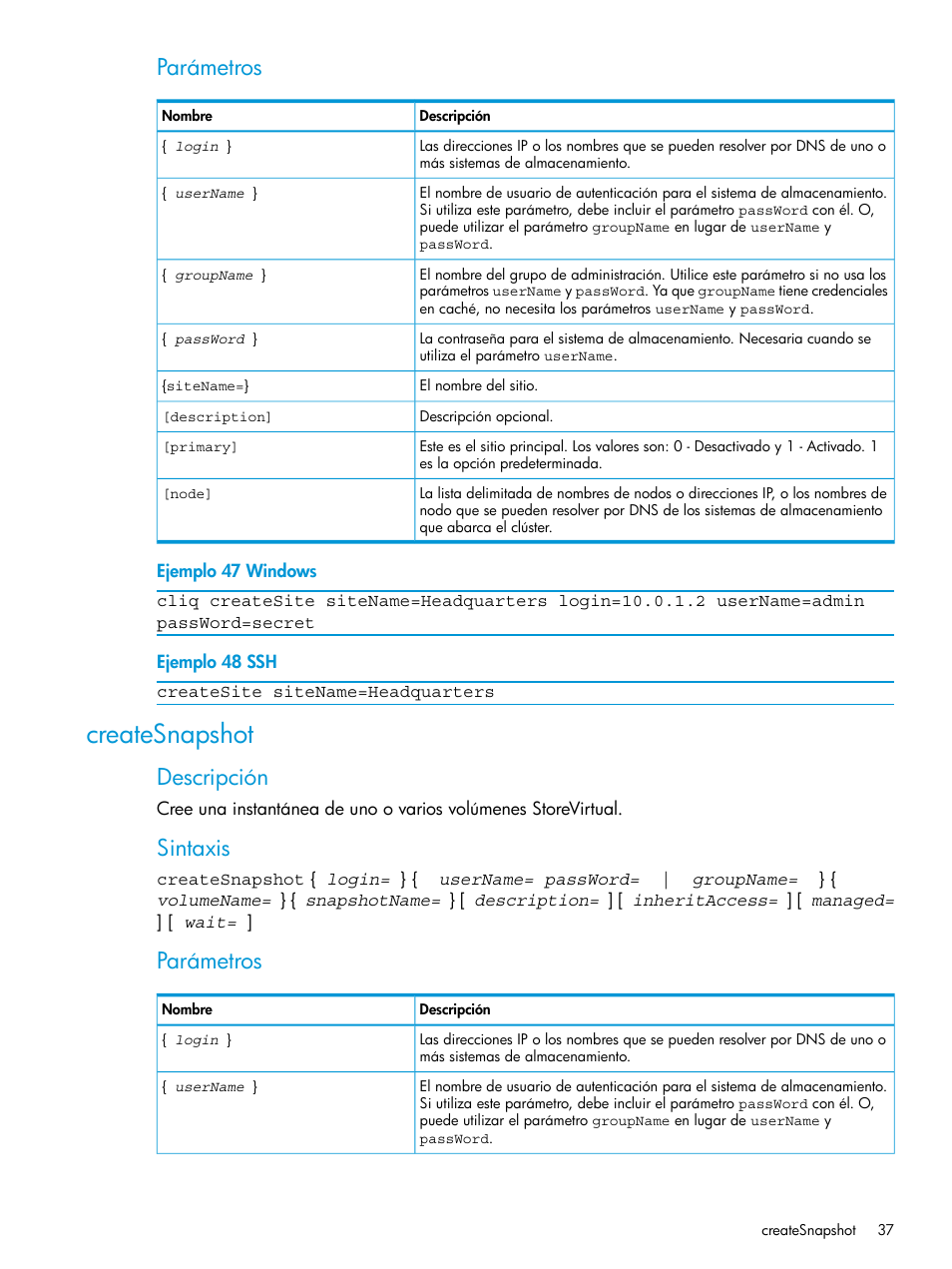 Createsnapshot, Parámetros, Descripción | Sintaxis | HP Software de dispositivo HP LeftHand P4000 Virtual SAN User Manual | Page 37 / 127