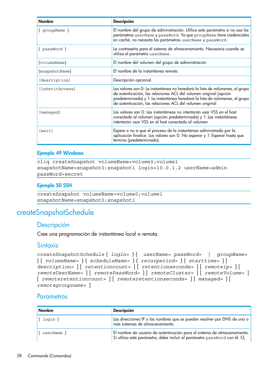 Createsnapshotschedule, Descripción, Sintaxis | Parámetros | HP Software de dispositivo HP LeftHand P4000 Virtual SAN User Manual | Page 38 / 127