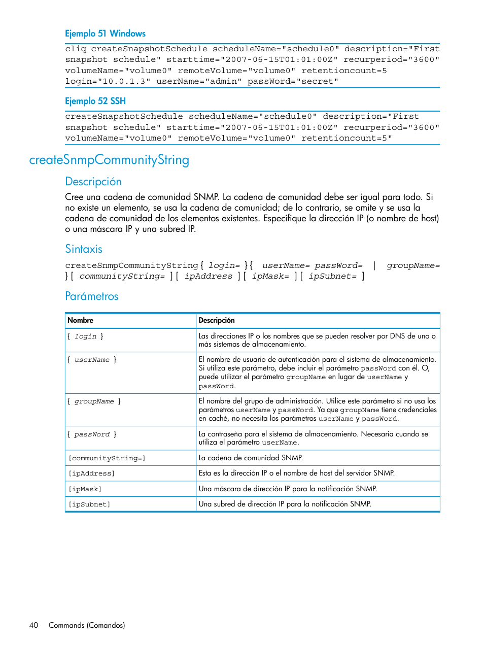 Createsnmpcommunitystring, Descripción, Sintaxis | Parámetros | HP Software de dispositivo HP LeftHand P4000 Virtual SAN User Manual | Page 40 / 127