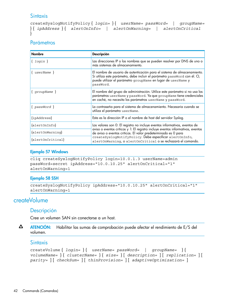 Createvolume, Sintaxis, Parámetros | Descripción | HP Software de dispositivo HP LeftHand P4000 Virtual SAN User Manual | Page 42 / 127
