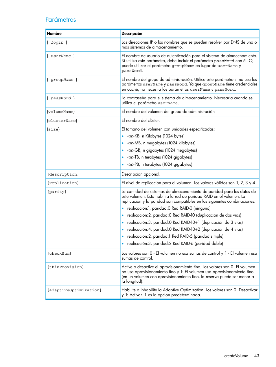 Parámetros | HP Software de dispositivo HP LeftHand P4000 Virtual SAN User Manual | Page 43 / 127