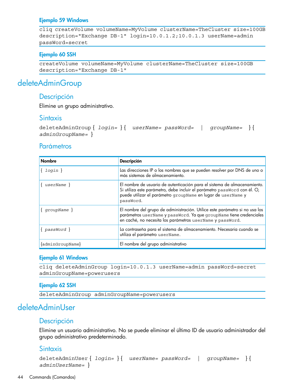 Deleteadmingroup, Deleteadminuser, Deleteadmingroup deleteadminuser | Descripción, Sintaxis, Parámetros | HP Software de dispositivo HP LeftHand P4000 Virtual SAN User Manual | Page 44 / 127