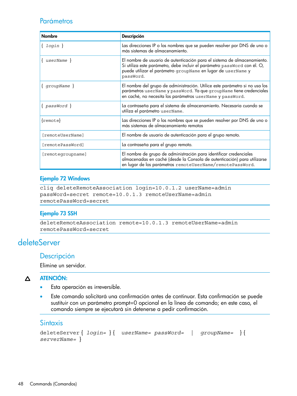 Deleteserver, Parámetros, Descripción | Sintaxis | HP Software de dispositivo HP LeftHand P4000 Virtual SAN User Manual | Page 48 / 127