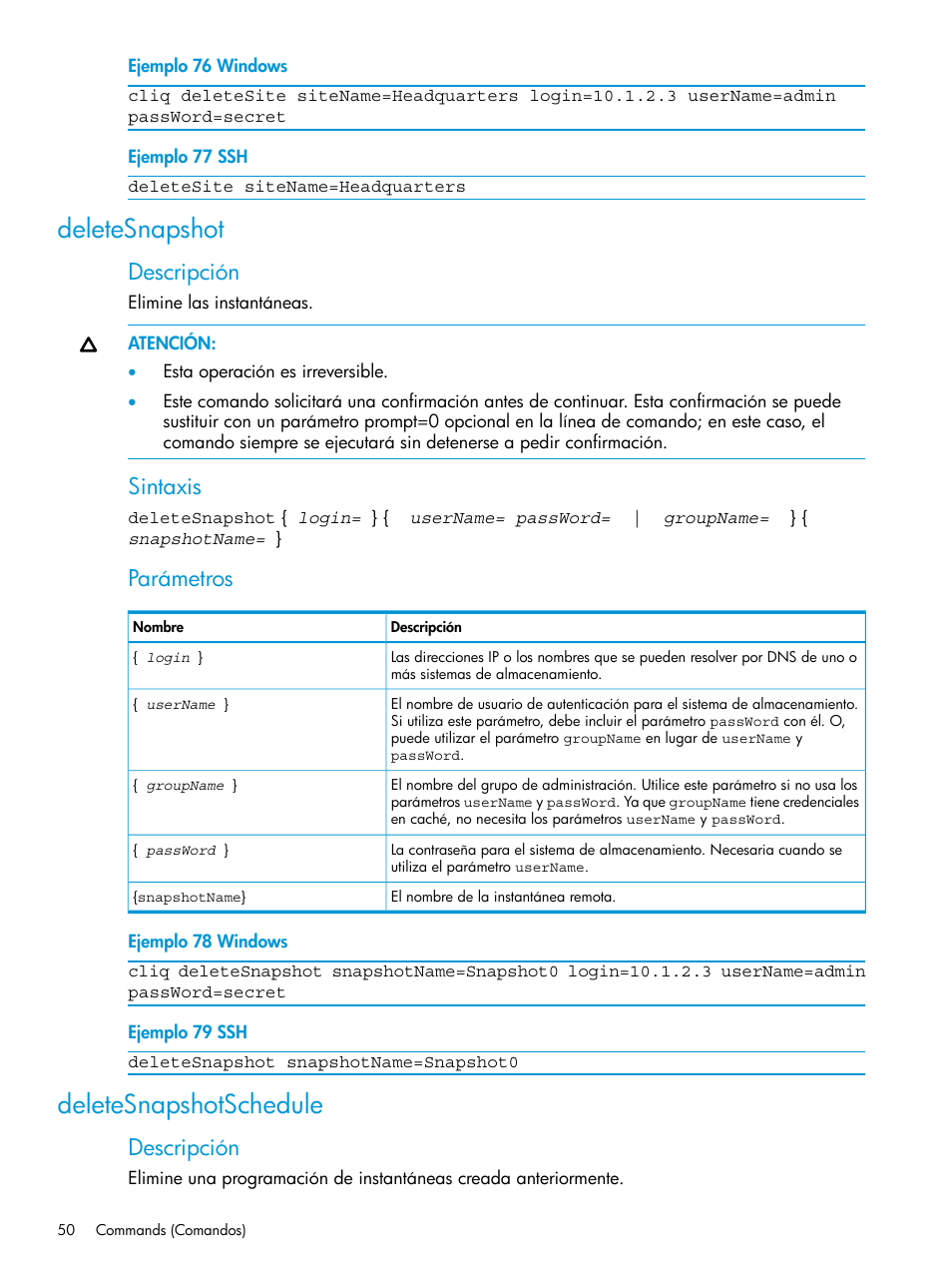 Deletesnapshot, Deletesnapshotschedule, Deletesnapshot deletesnapshotschedule | Descripción, Sintaxis, Parámetros | HP Software de dispositivo HP LeftHand P4000 Virtual SAN User Manual | Page 50 / 127