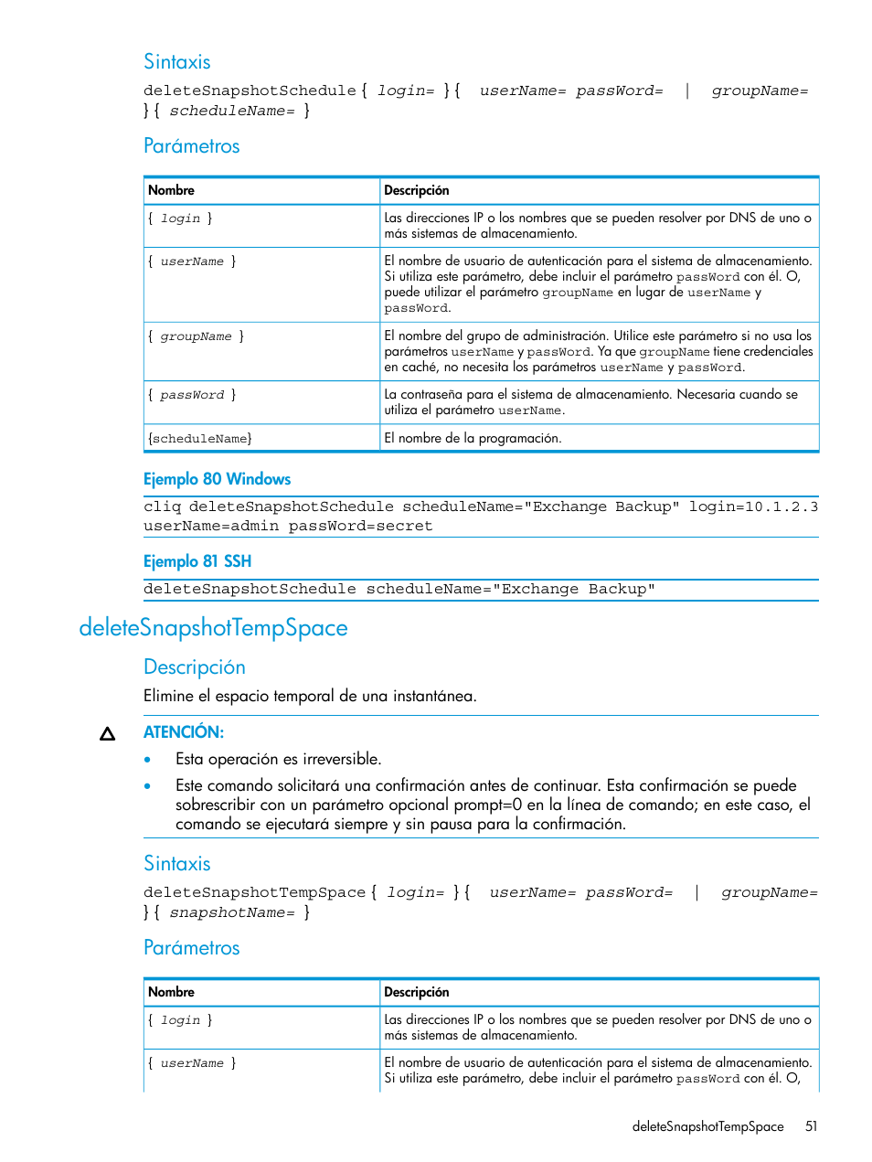 Deletesnapshottempspace, Sintaxis, Parámetros | Descripción | HP Software de dispositivo HP LeftHand P4000 Virtual SAN User Manual | Page 51 / 127