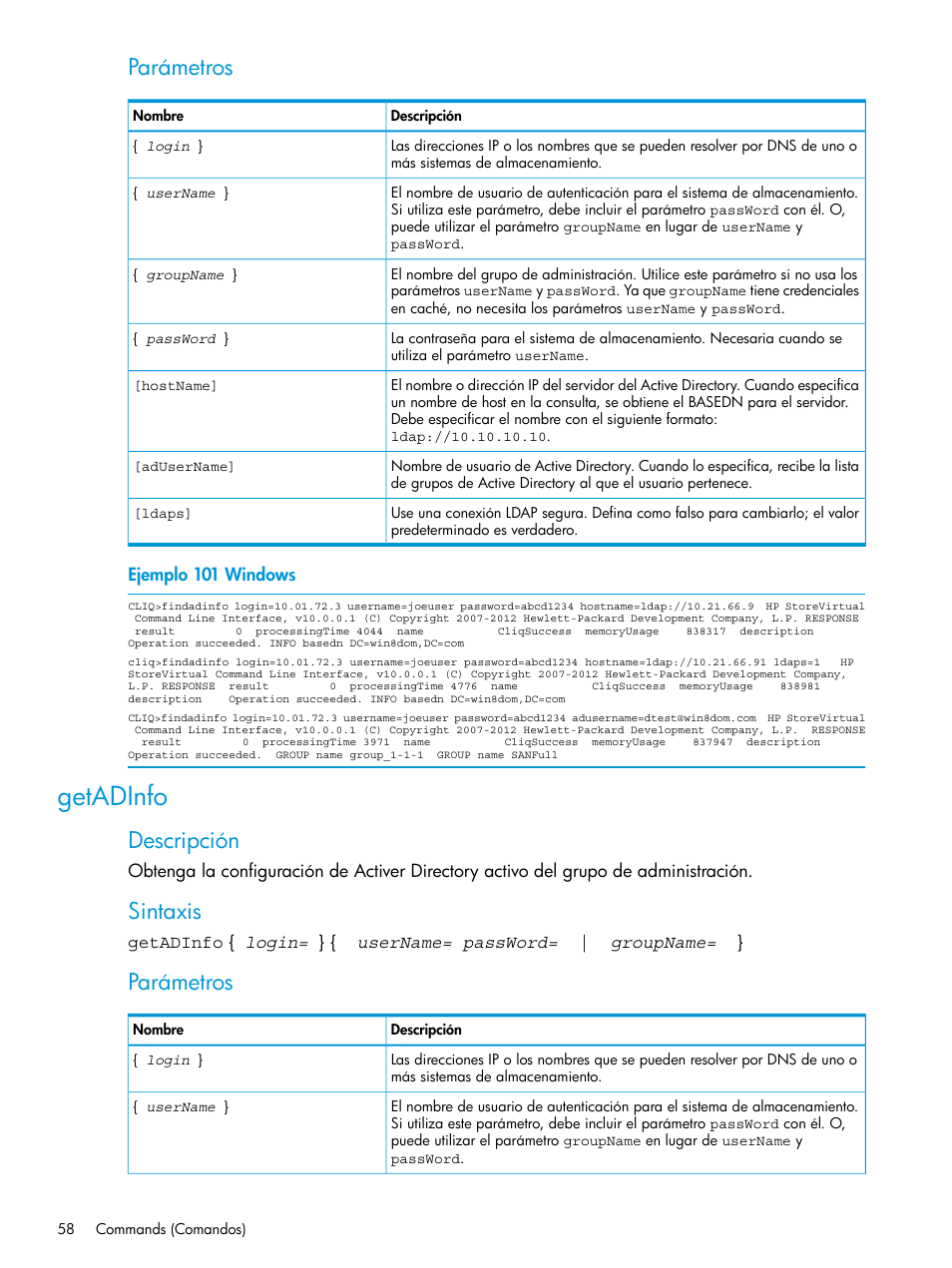 Getadinfo, Parámetros, Descripción | Sintaxis | HP Software de dispositivo HP LeftHand P4000 Virtual SAN User Manual | Page 58 / 127